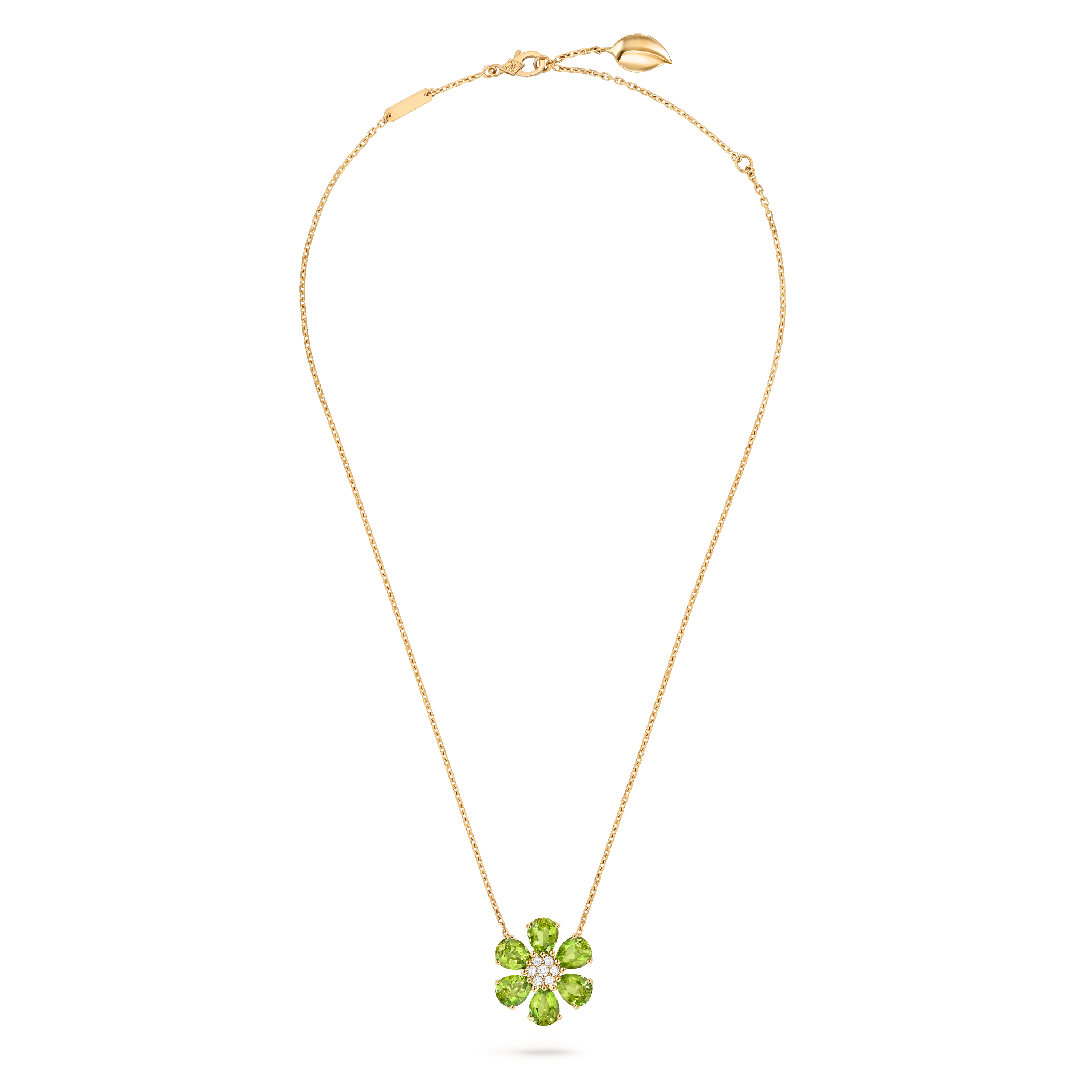 Fleurs d’Hawaï pendant, 18K yellow gold, Diamond:  7 stones,  0.19 carat, Peridot:  6 stones,  7.5 carats, Front, Jewelry Pendent - Van Cleef & Arpels