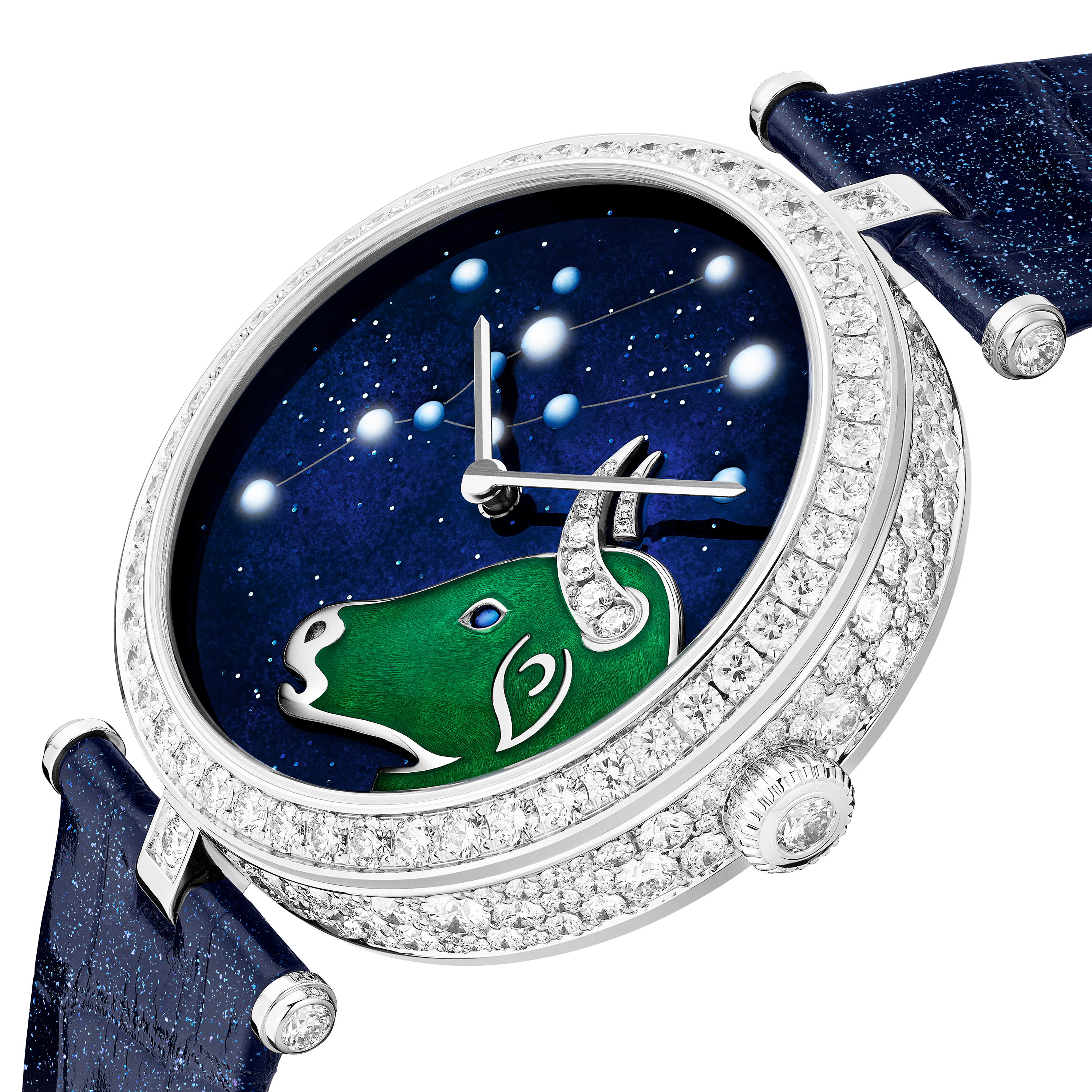 Lady Arpels Zodiaque Lumineux Tauri (Taurus) watch, 18K white gold, Diamond:  284 stones,  6.58 carats, Sapphire:  1 stone,  0.04 carat, Three Fourth, Watch - Van Cleef & Arpels
