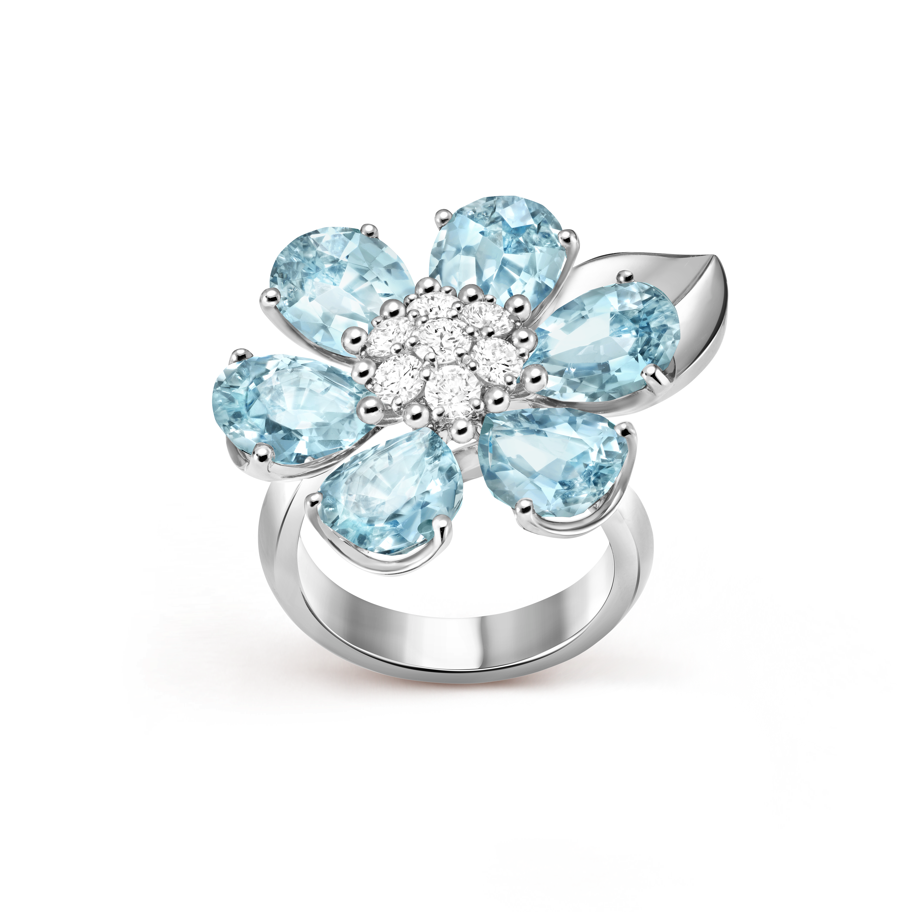 Anello Fleurs d’Hawaï, Oro bianco 750/1000, Acquamarina:  6 pietre,  8.64 carati, Diamante:  7 pietre,  0.54 carati, Top, Jewelry Ring - Van Cleef & Arpels