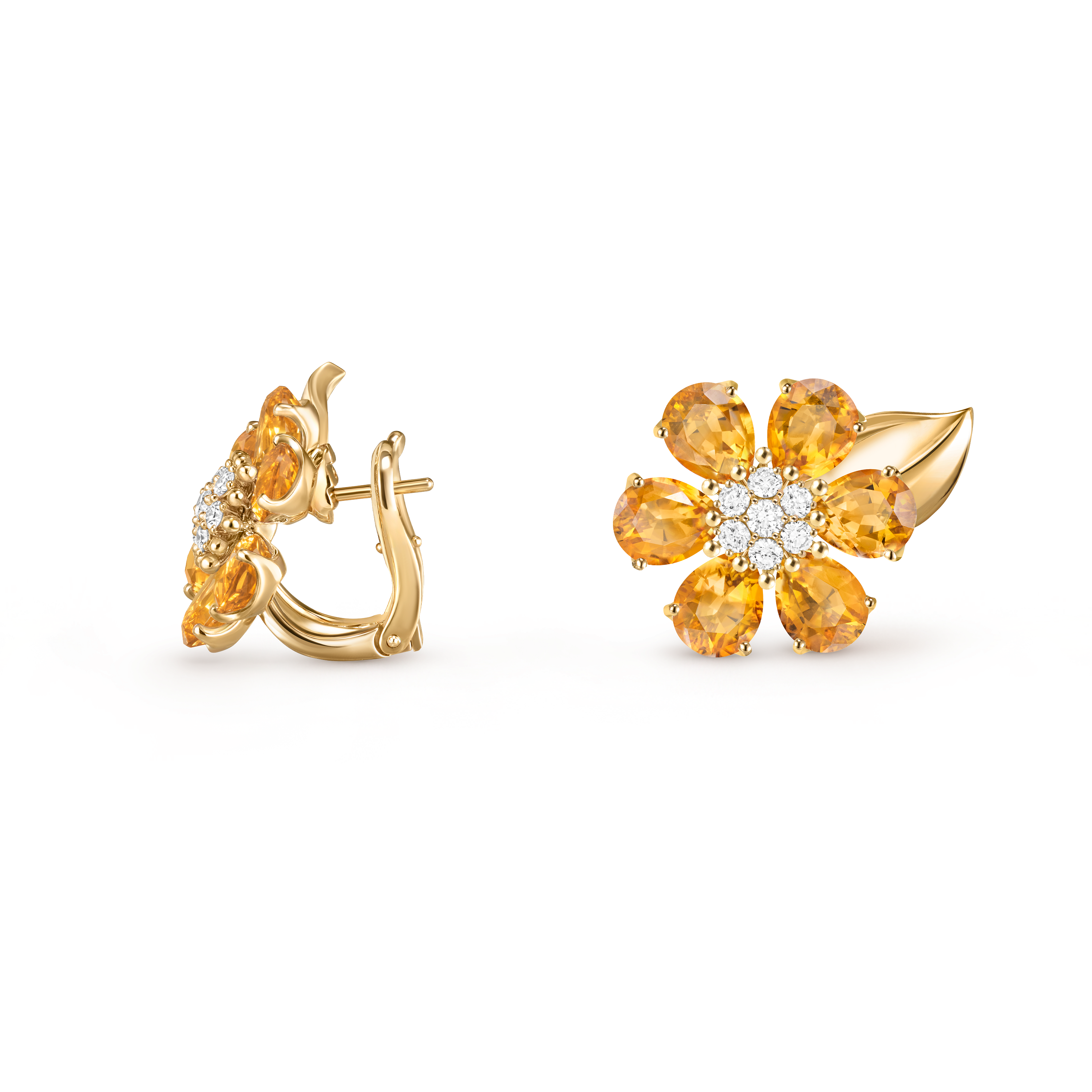 Boucles d'oreilles Fleurs d'Hawaï, Or jaune 750/1000, Citrine:  12 pierres,  7.68 carats, Diamant:  14 pierres,  0.39 carat, Profile, Jewelry Earrings - Van Cleef & Arpels
