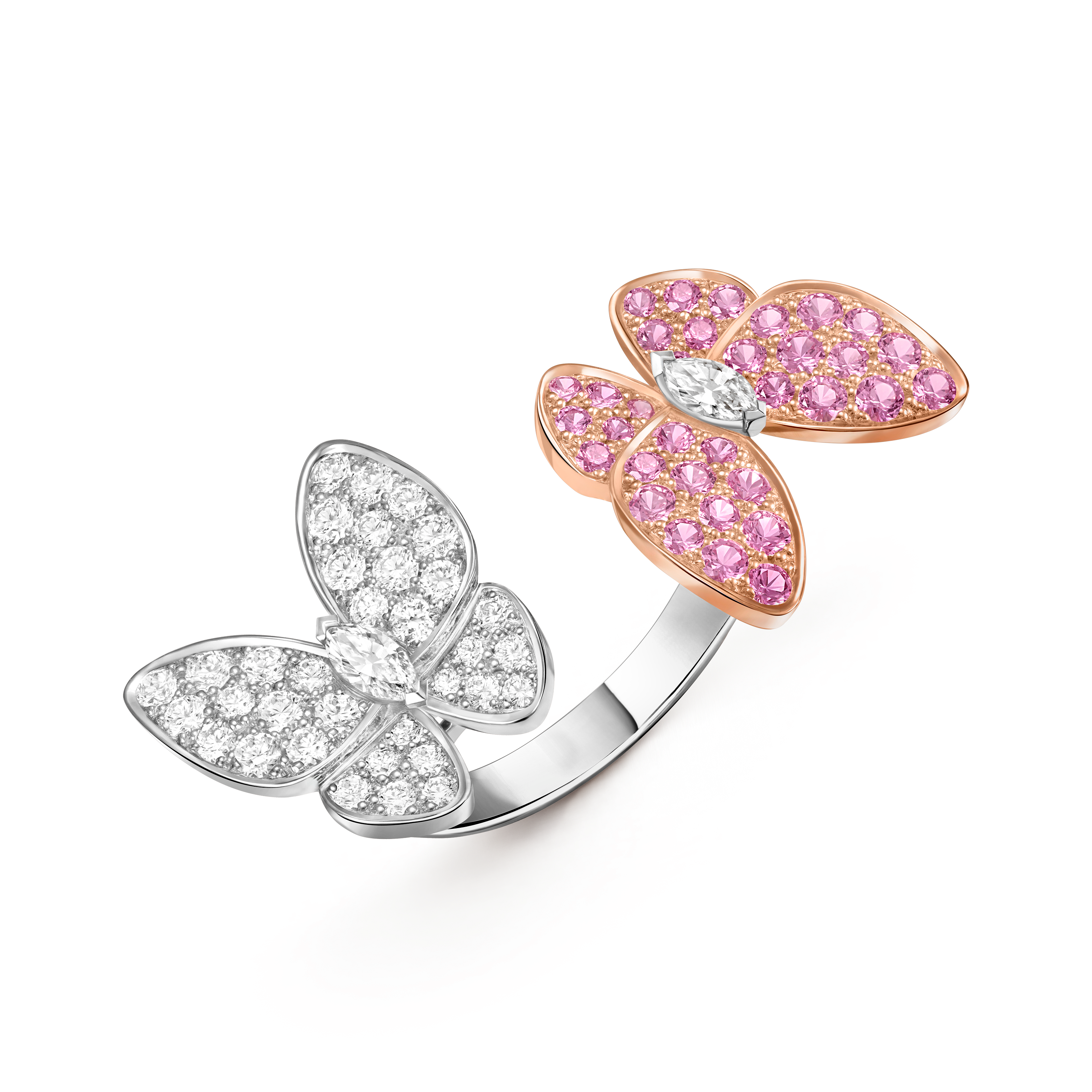 Two Butterfly Between the Finger 指間戒, 18K白金, 18K玫瑰金, 藍寶石:  34顆寶石,  0.88克拉, 鑽石:  36顆寶石,  0.99克拉, Three Fourth, Jewelry Ring- Van Cleef & Arpels