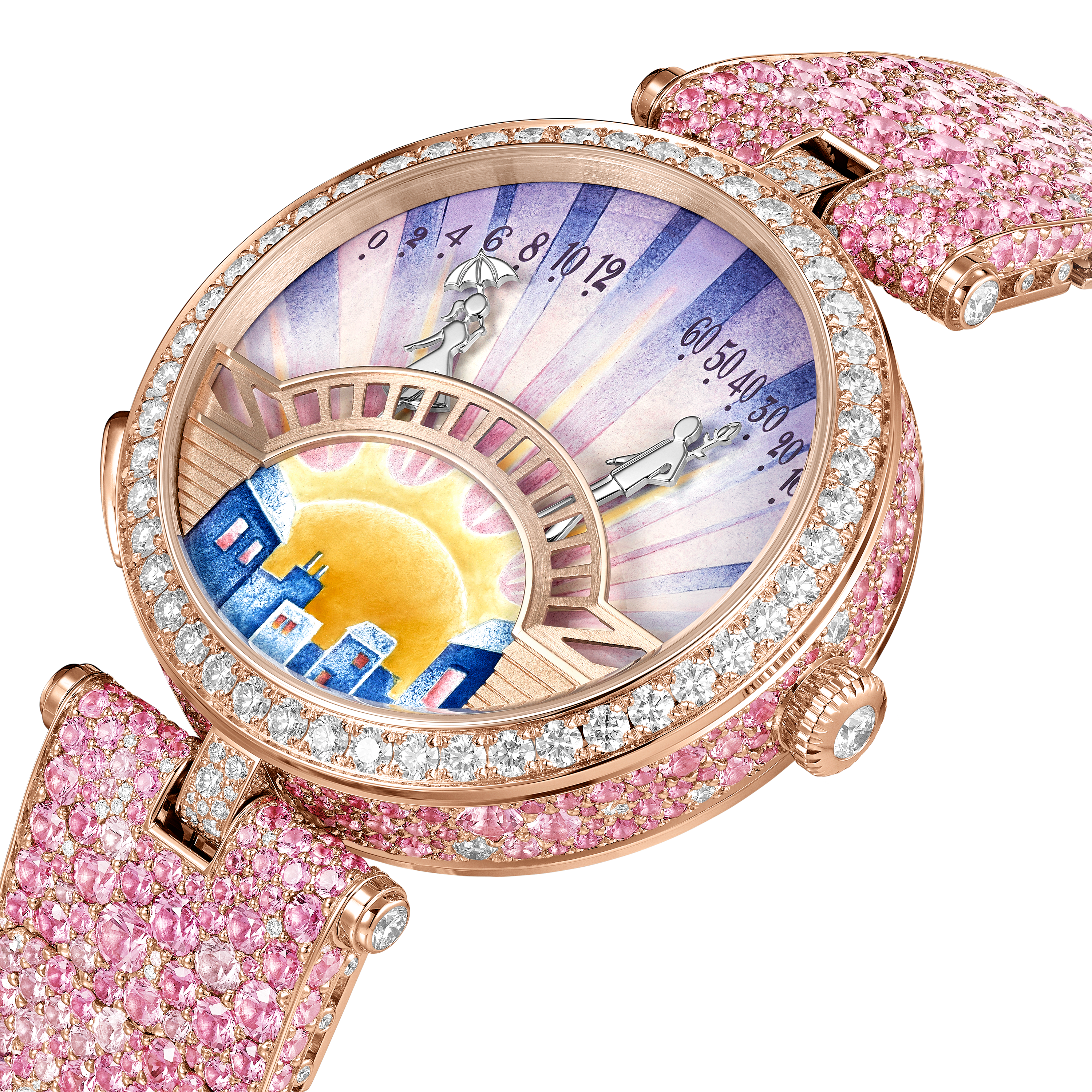 Lady Arpels Pont des Amoureux Aube watch, 18K rose gold, Diamond:  903 stones,  11.78 carats, Sapphire:  639 stones,  18.83 carats, Detail, Watch - Van Cleef & Arpels