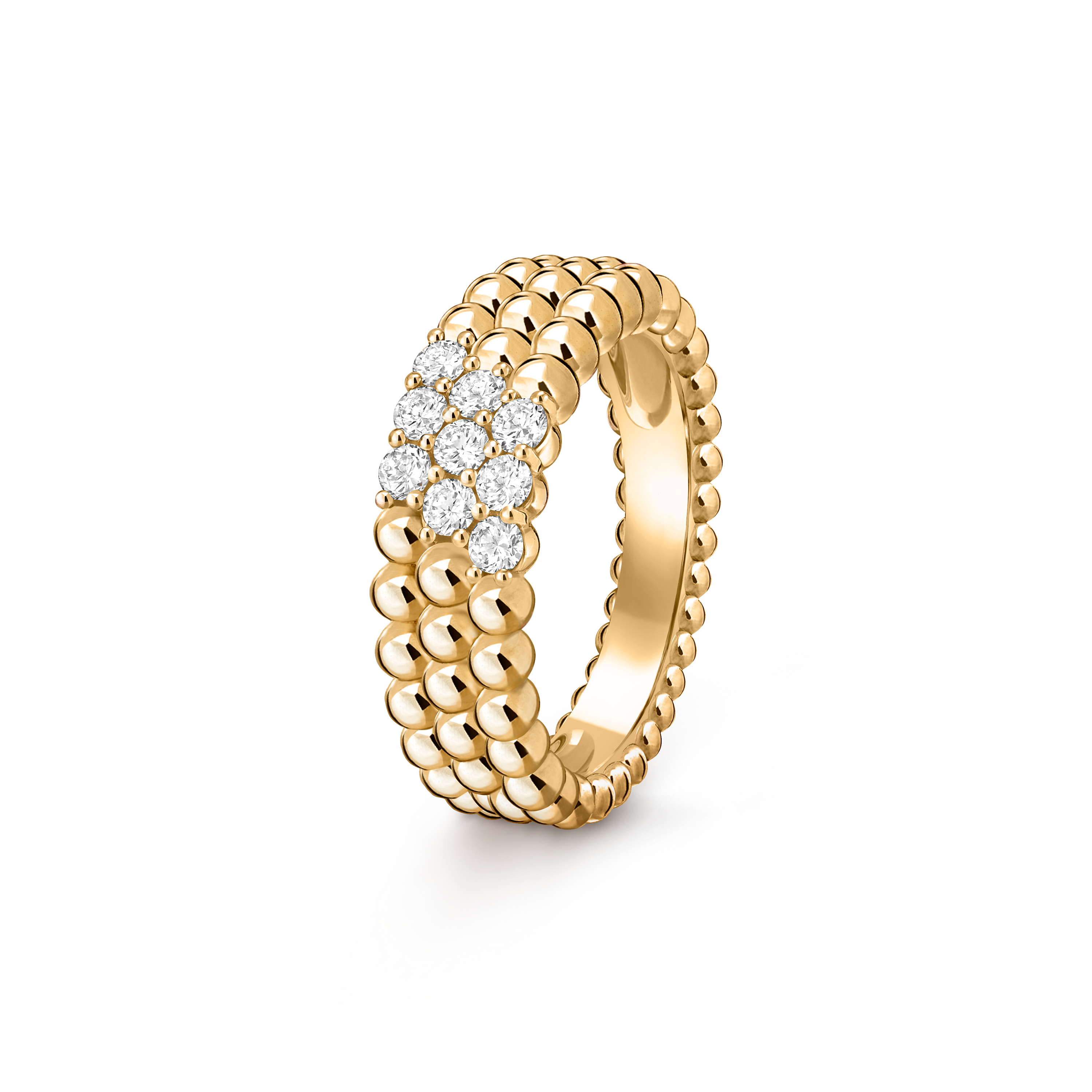 Perlée diamonds ring, 3 rows, 18K yellow gold, Diamond:  9 stones,  0.31 carat, Three Fourth, Jewelry Ring - Van Cleef & Arpels