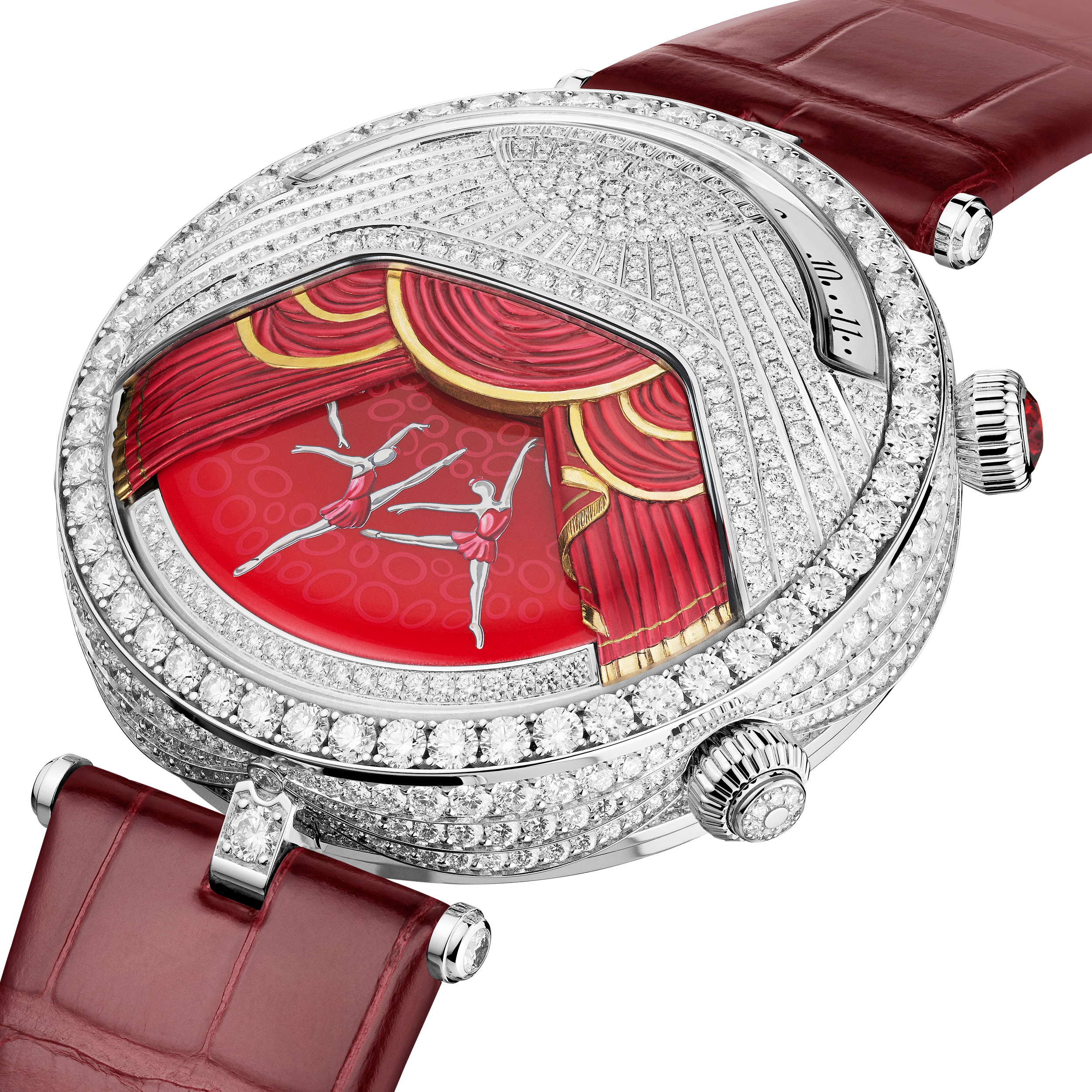 Lady Arpels Ballerine Musicale Rubis watch, 18K white gold, Diamond:  733 stones,  7.69 carats, Ruby:  1 stone,  0.21 carat, Three Fourth, Watch - Van Cleef & Arpels