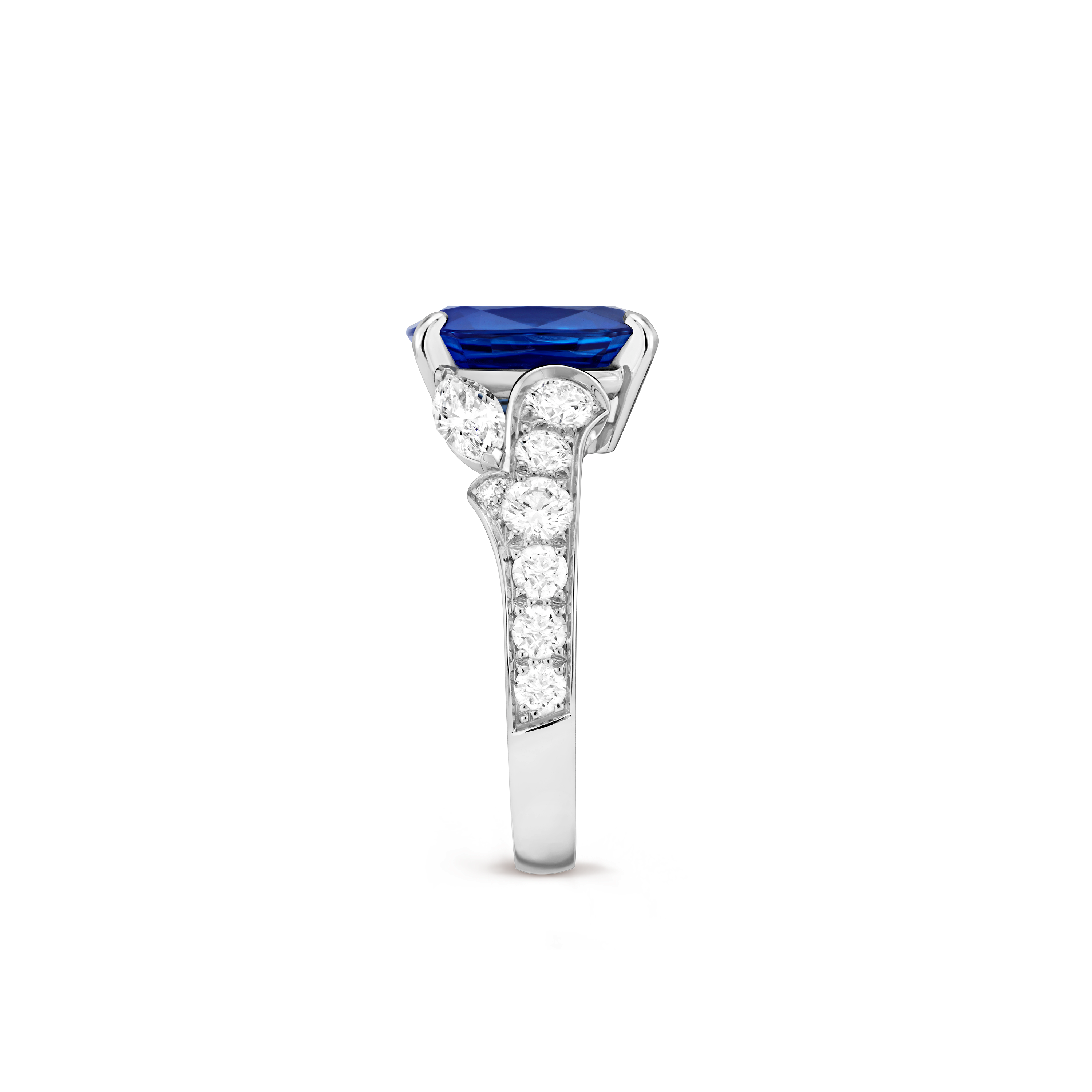 Solitario Jasmin con zafiro de 4,46 quilates, Platino 950/1000, Diamante:  15 piedras,  1.15 quilates, Zafiro:  1 piedra,  4.46 quilates, Perfil, High Jewelry Ring - Van Cleef & Arpels