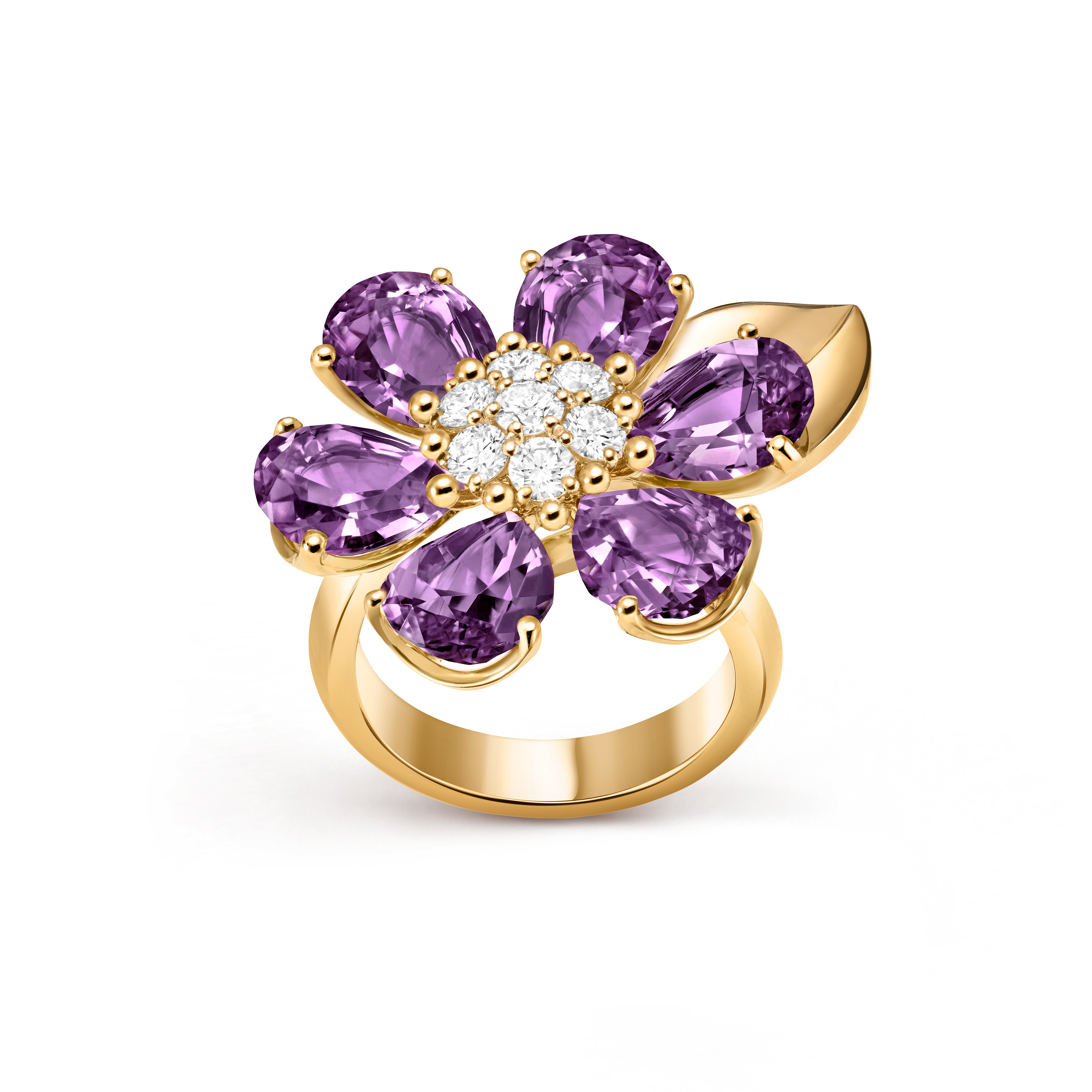 Fleurs d’Hawaï ring, 18K yellow gold, Amethyst:  6 stones,  8.52 carats, Diamond:  7 stones,  0.54 carat, Top, Jewelry Ring - Van Cleef & Arpels