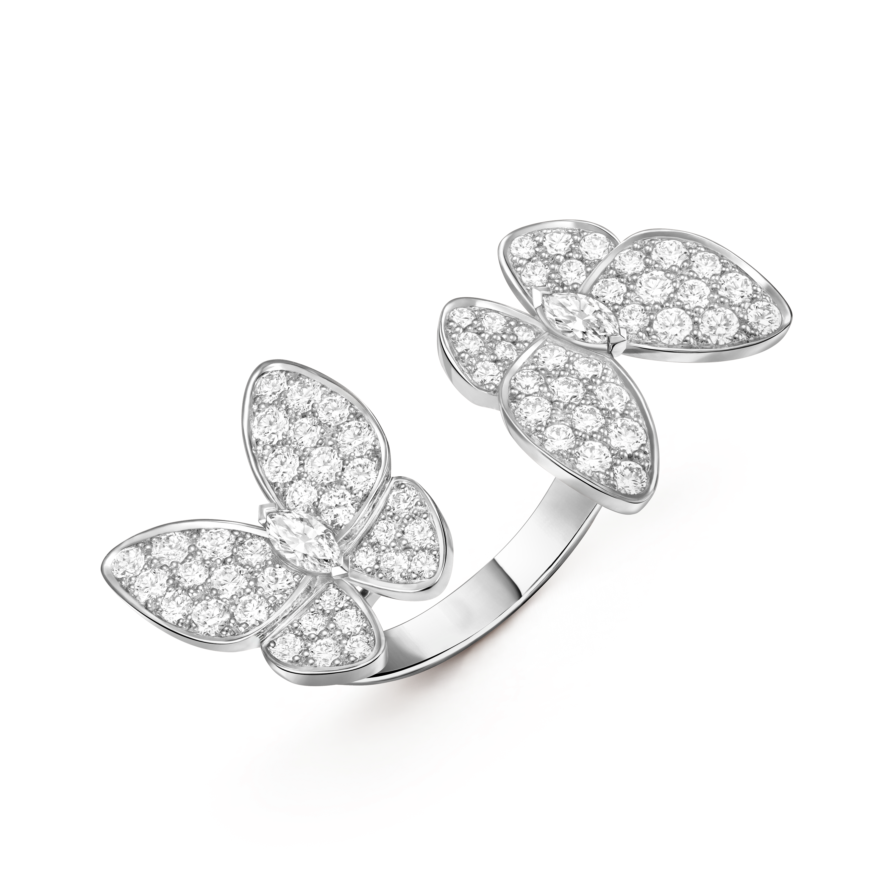 Two Butterfly Between the Finger ring, 18K white gold, Diamond:  70 stones,  1.67 carats, Three Fourth, Jewelry Ring - Van Cleef & Arpels