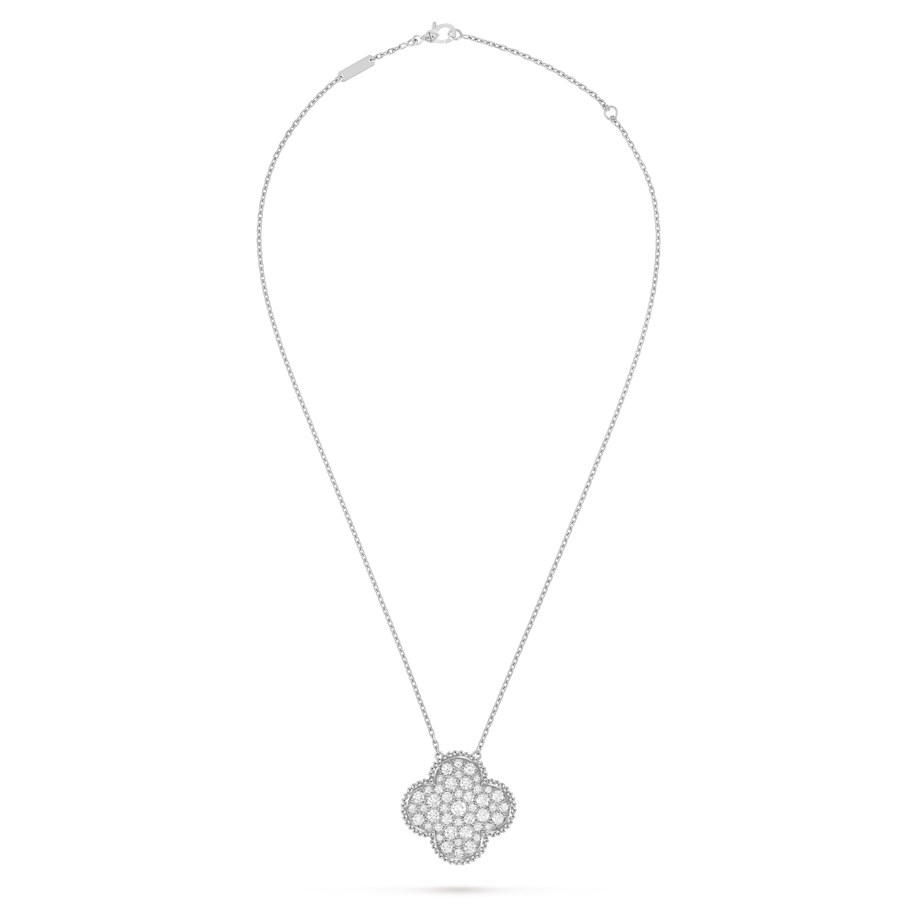 Magic Alhambra pendant, 18K white gold, Diamond:  45 stones,  2.44 carats, Front, Jewelry Pendent - Van Cleef & Arpels