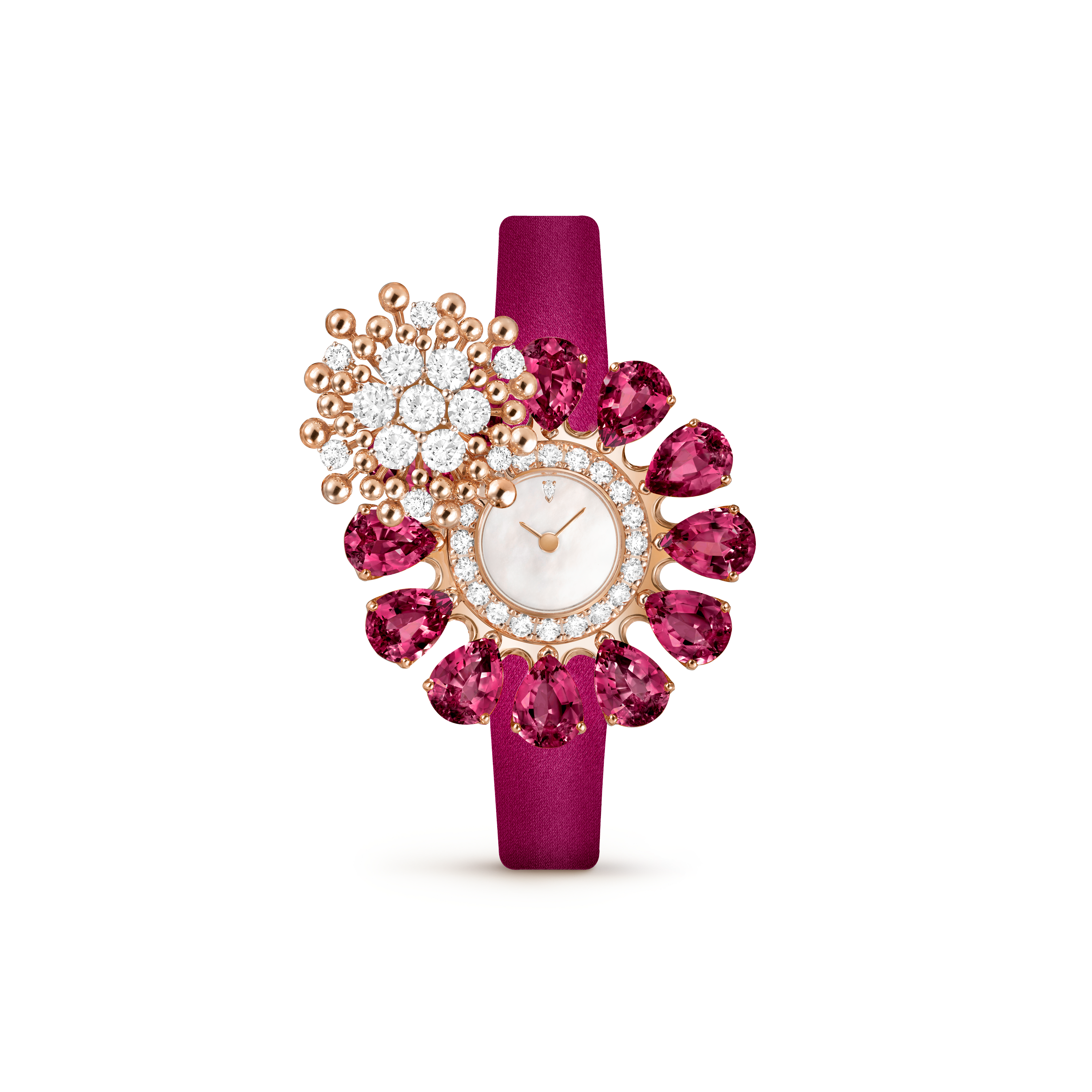 Fleurs d'Hawaï secret watch, 18K rose gold, Diamond:  59 stones,  2.63 carats, Mother-of-pearl:  1 stone, Rhodolite:  12 stones, Front, Watch - Van Cleef & Arpels
