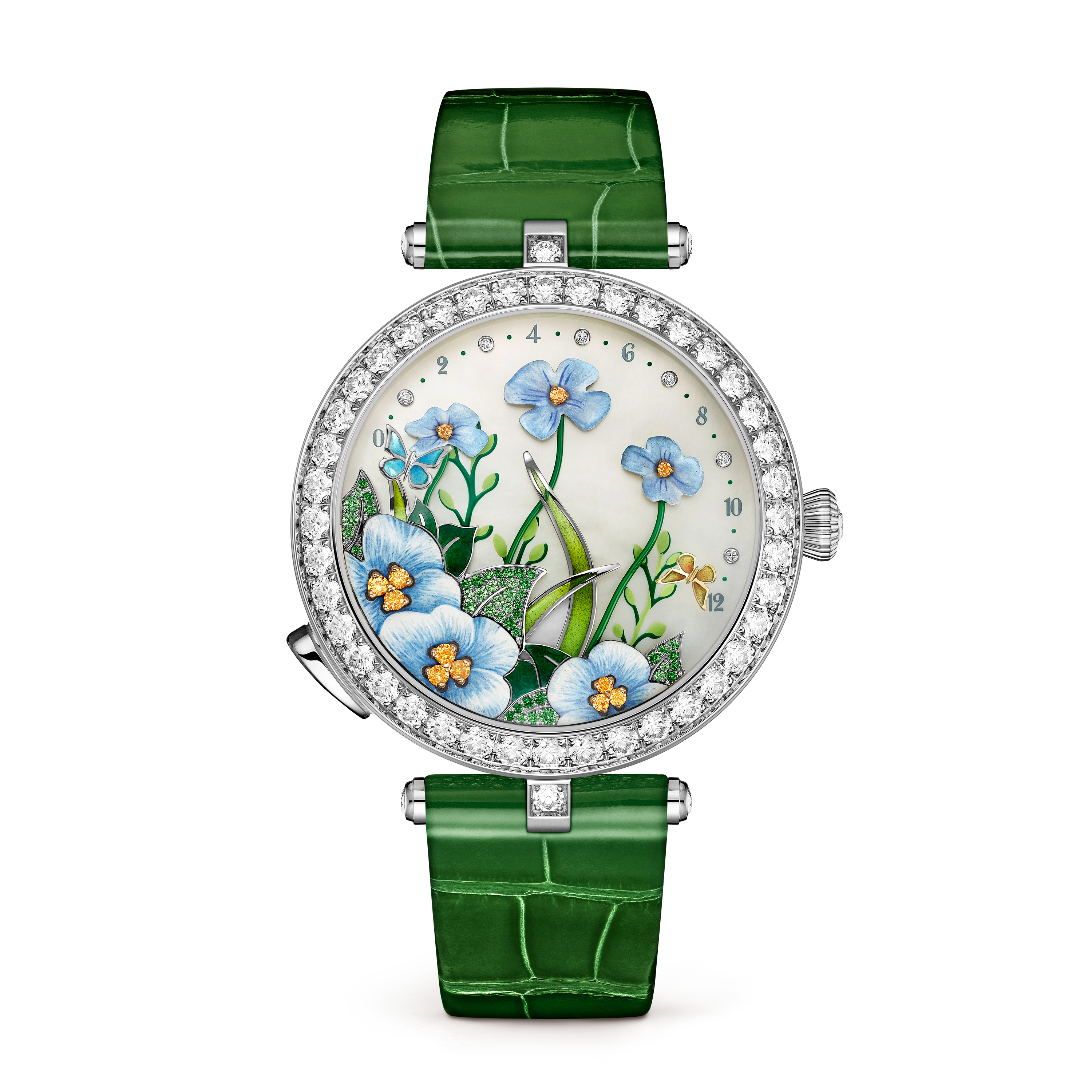 Orologio Lady Arpels Brise d’Été, Oro bianco 750/1000, Diamante:  120 pietre,  3.45 carati, Madreperla:  1 pietra, Spessartite:  12 pietre,  0.09 carati, Tsavorite:  47 pietre,  0.1 carati, Front, Watch