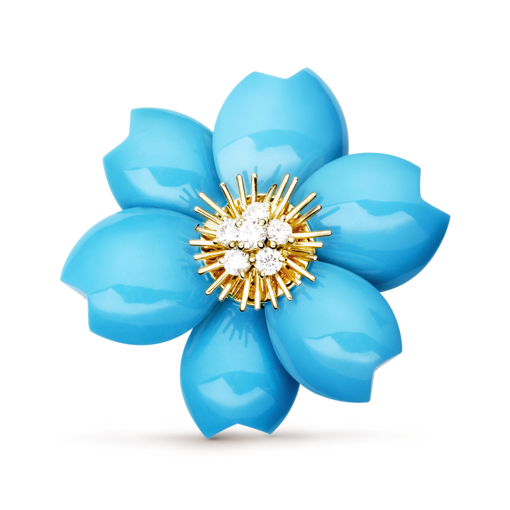 Rose de Noël clip, medium model, 18K yellow gold, Diamond:  6 stones,  0.48 carat, Turquoise:  6 stones, Front, Jewelry Clip - Van Cleef & Arpels