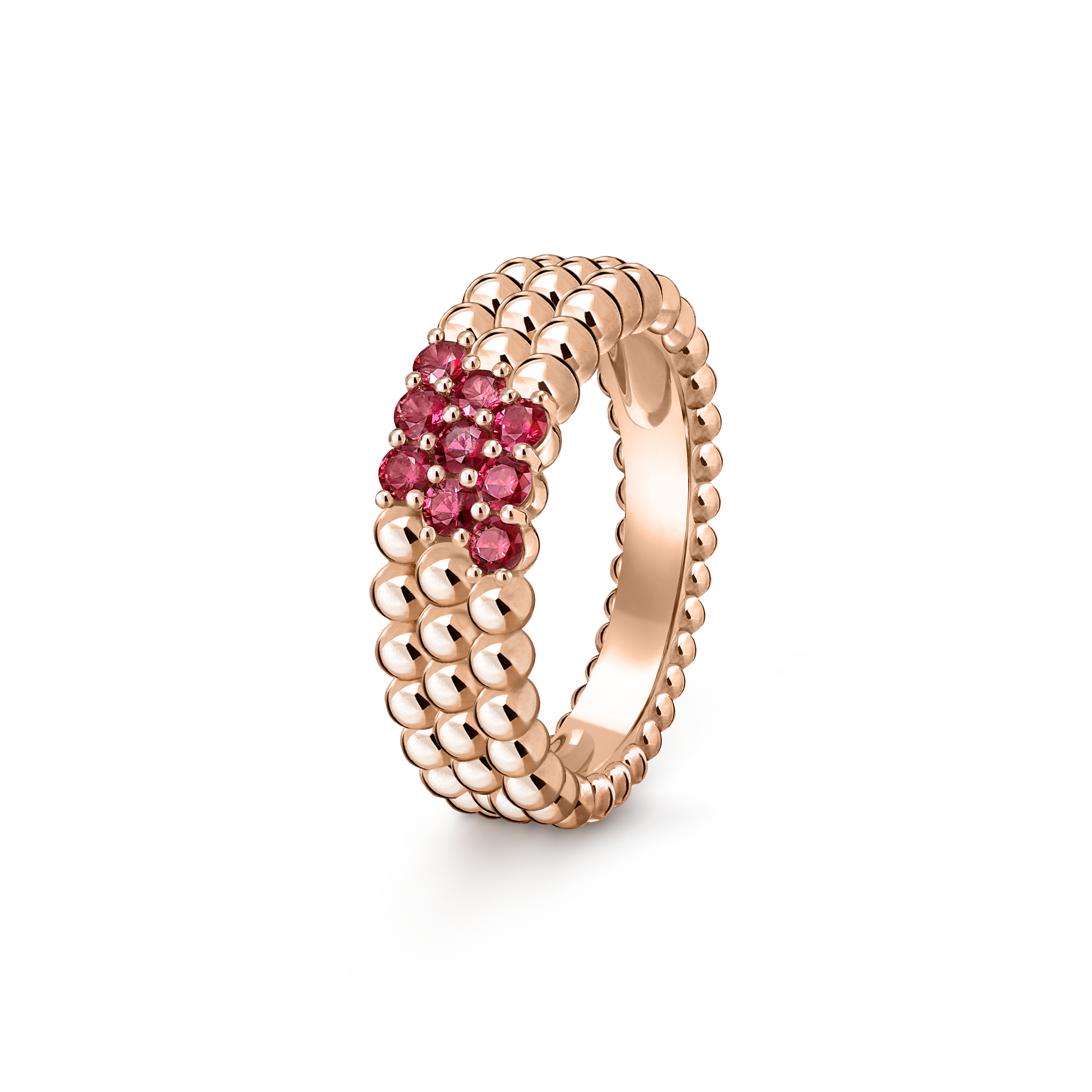 Anel Perlée Couleurs, 3 fileiras, Ouro rosa de 18 quilates, Rubis:  9 pedras,  0.41quilate, Three Fourth, Jewelry Ring - Van Cleef & Arpels