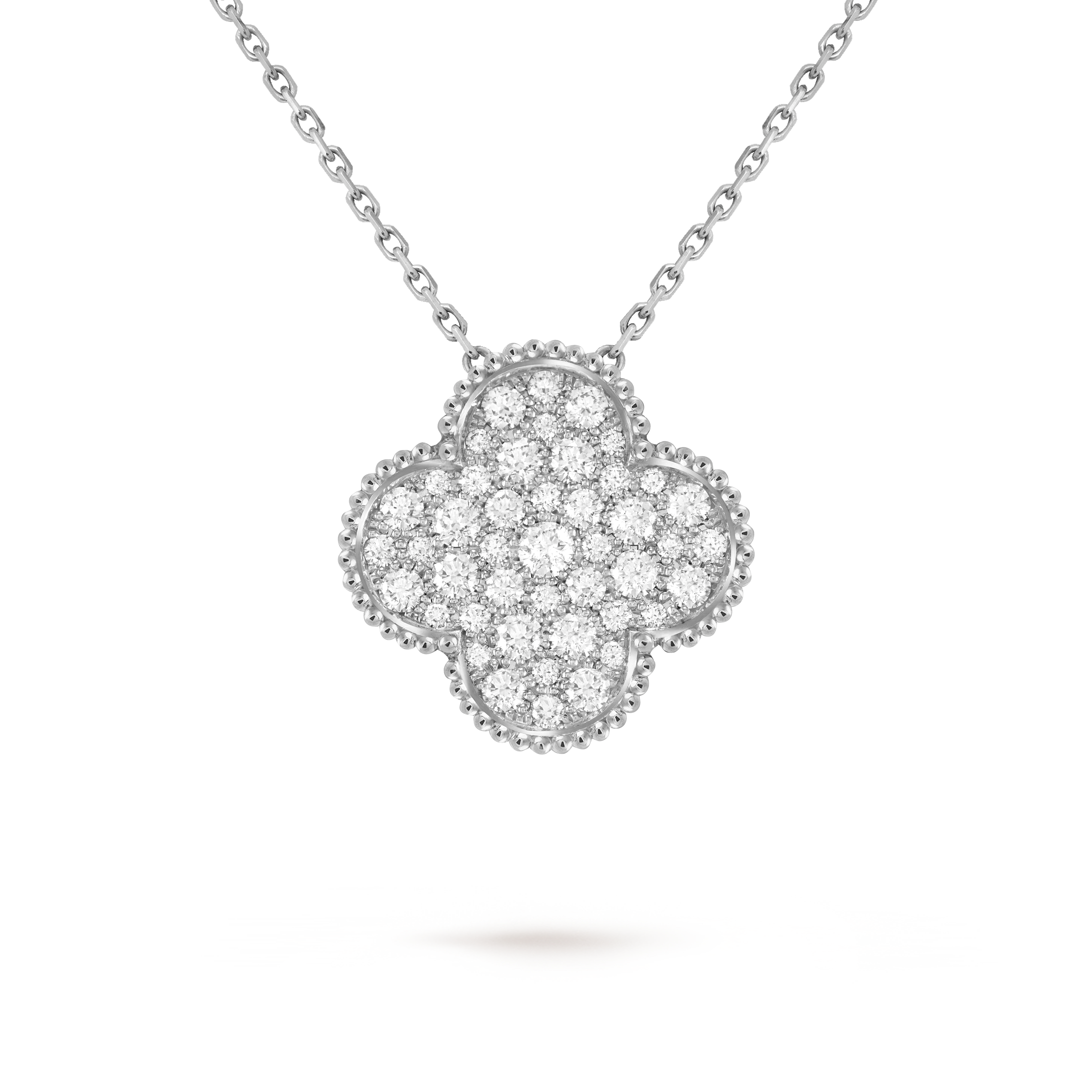 Magic Alhambra pendant, 18K white gold, Diamond:  45 stones,  2.44 carats, Detail, Jewelry Pendent - Van Cleef & Arpels