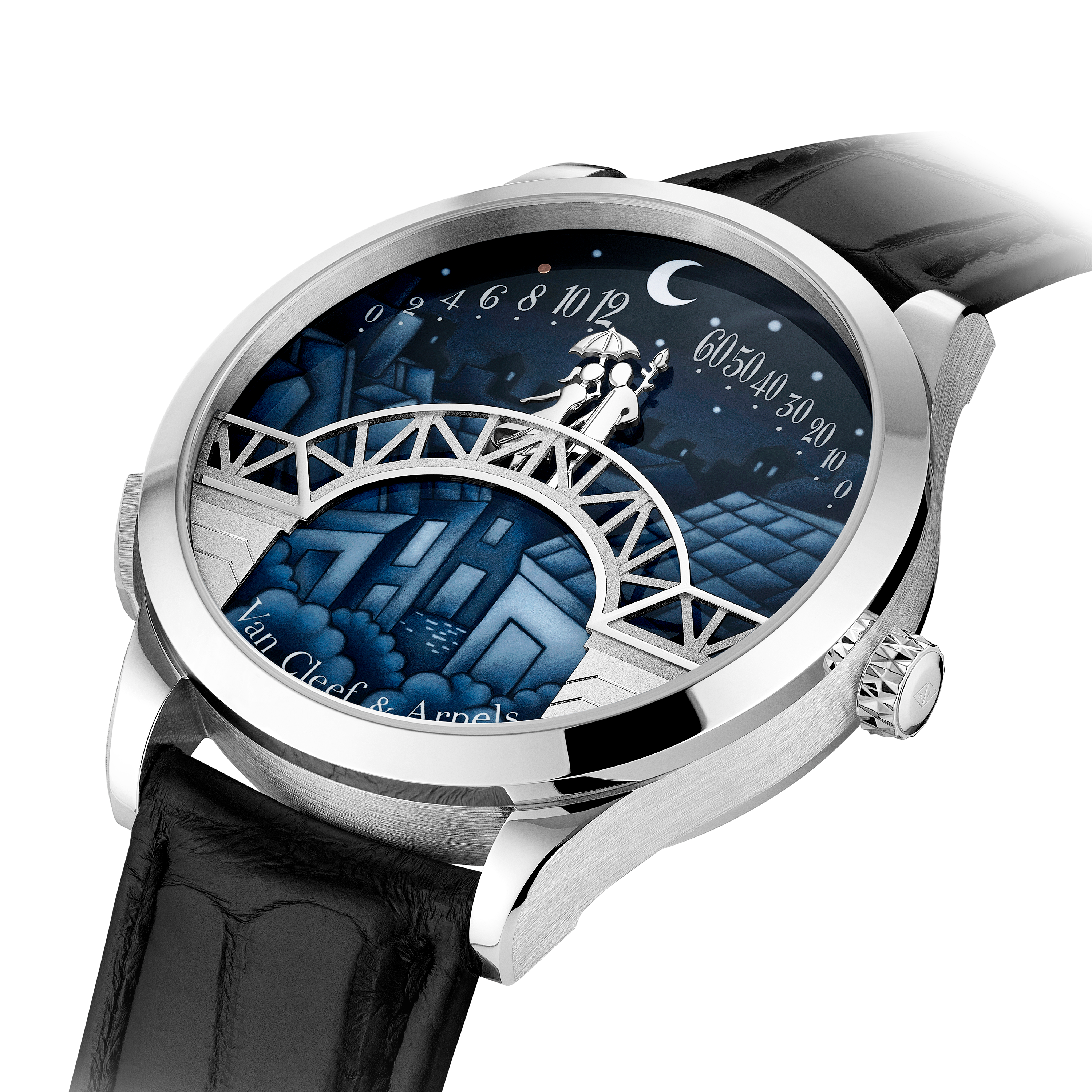 Midnight Pont des Amoureux watch, 18K white gold, Three Fourth Alternative, Watch - Van Cleef & Arpels