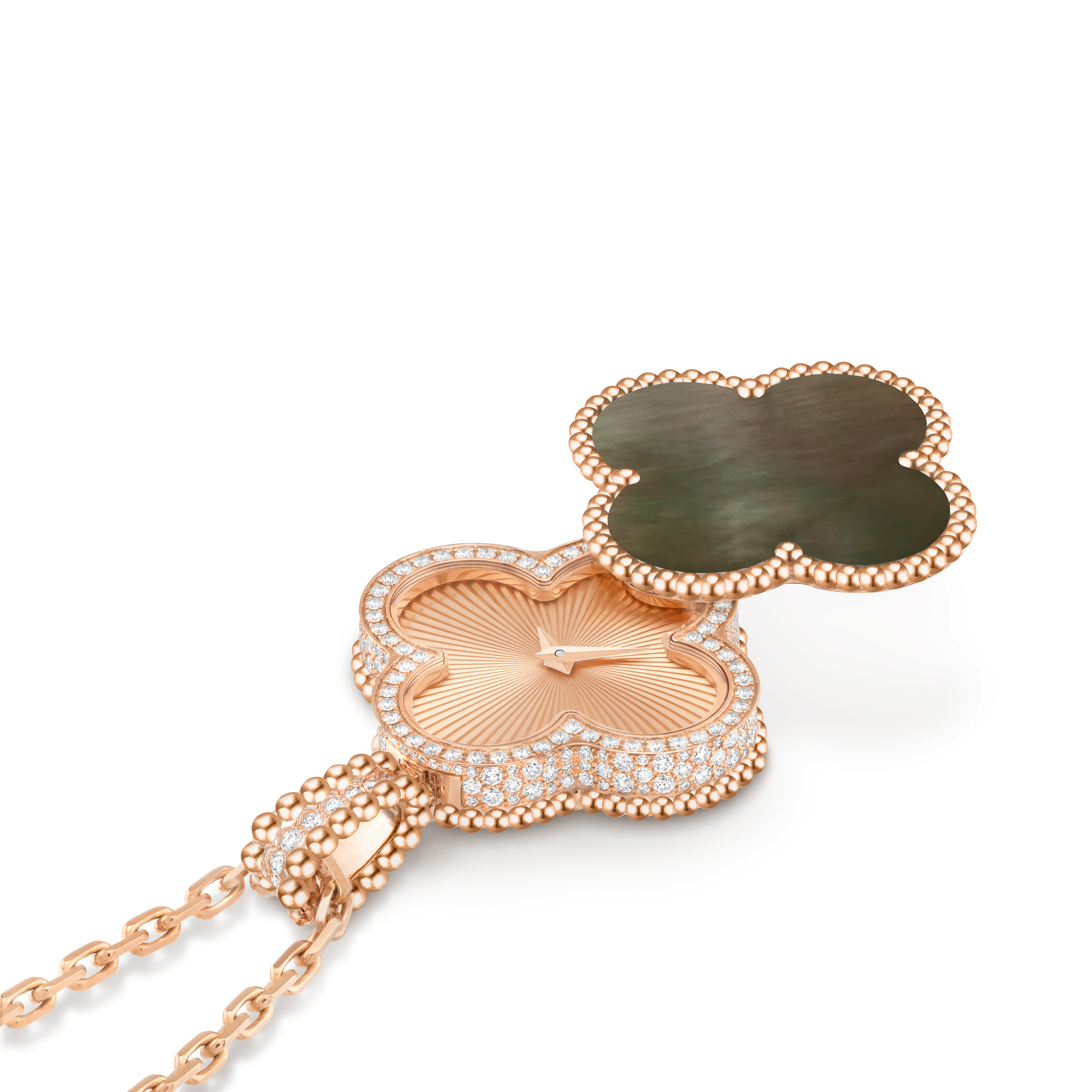 Alhambra secret pendant watch, 18K rose gold, Diamond:  71 stones,  0.55 carat, Mother-of-pearl:  1 stone, Front, Watch - Van Cleef & Arpels