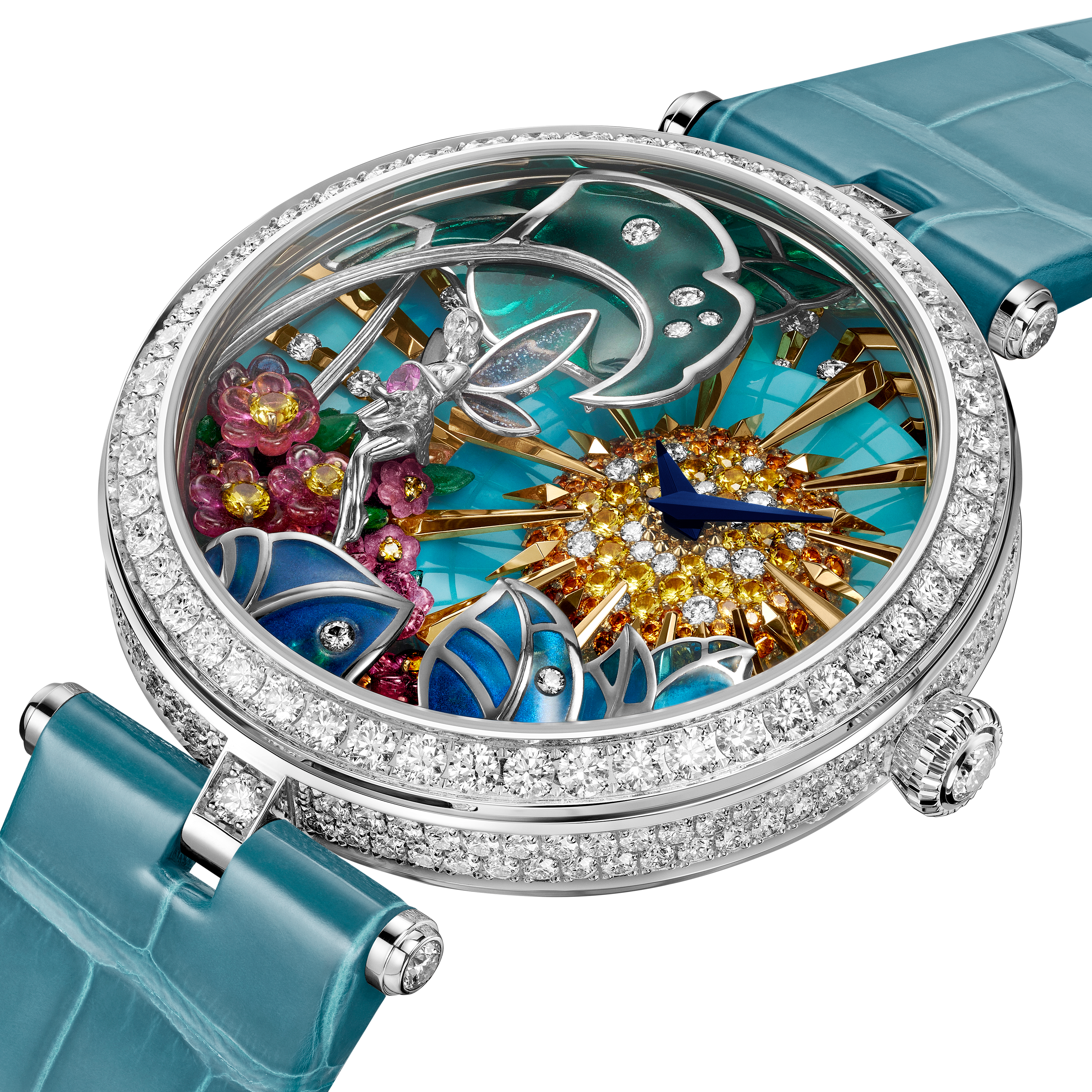 Lady Arpels Jour Enchanté watch 18K white gold, Diamond, Sapphire,  Spessartite, Turquoise - Van Cleef & Arpels