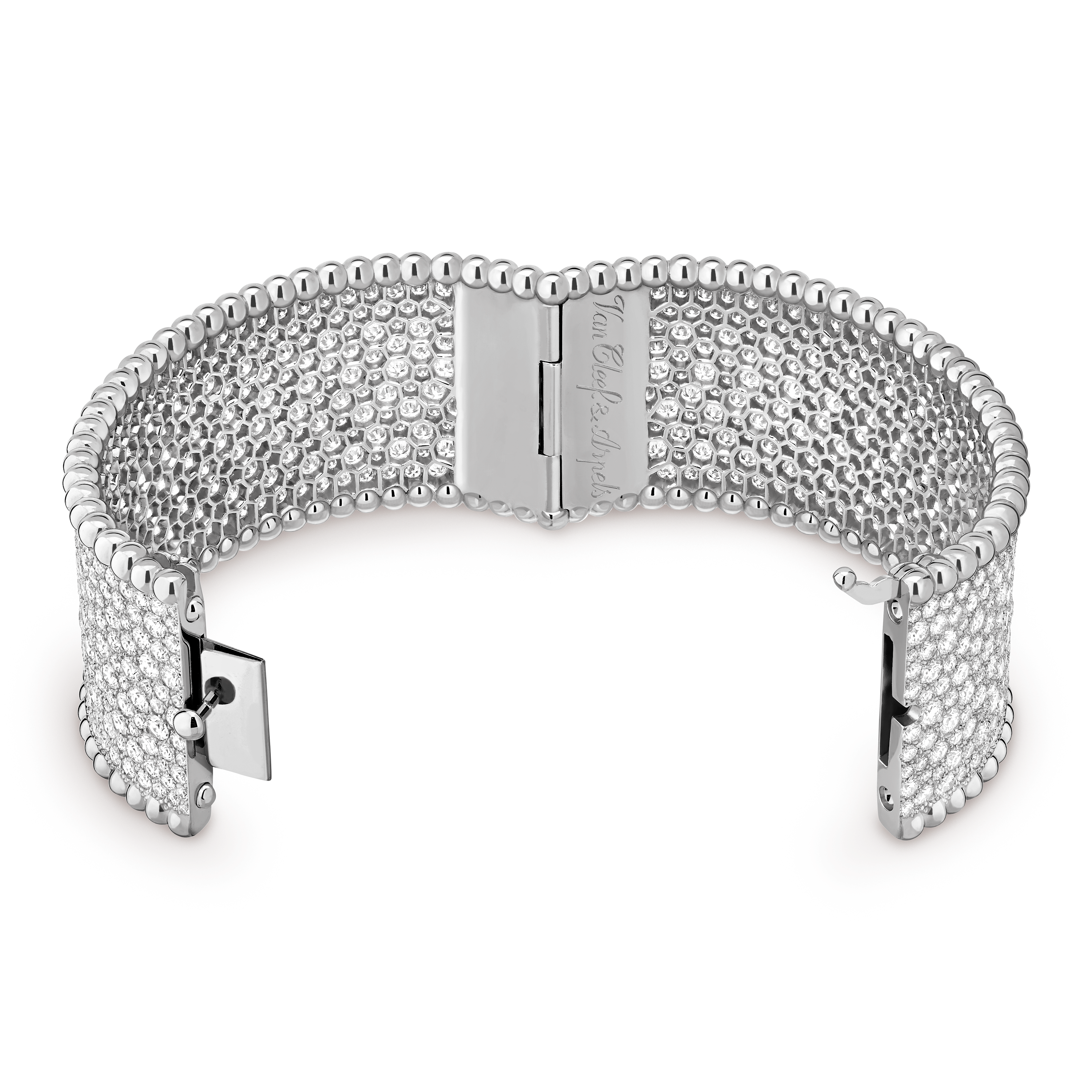 Perlée diamonds cuff bracelet, small model, 18K white gold, Diamond:  714 stones,  36.31 carats, Open, Jewelry Bracelet - Van Cleef & Arpels