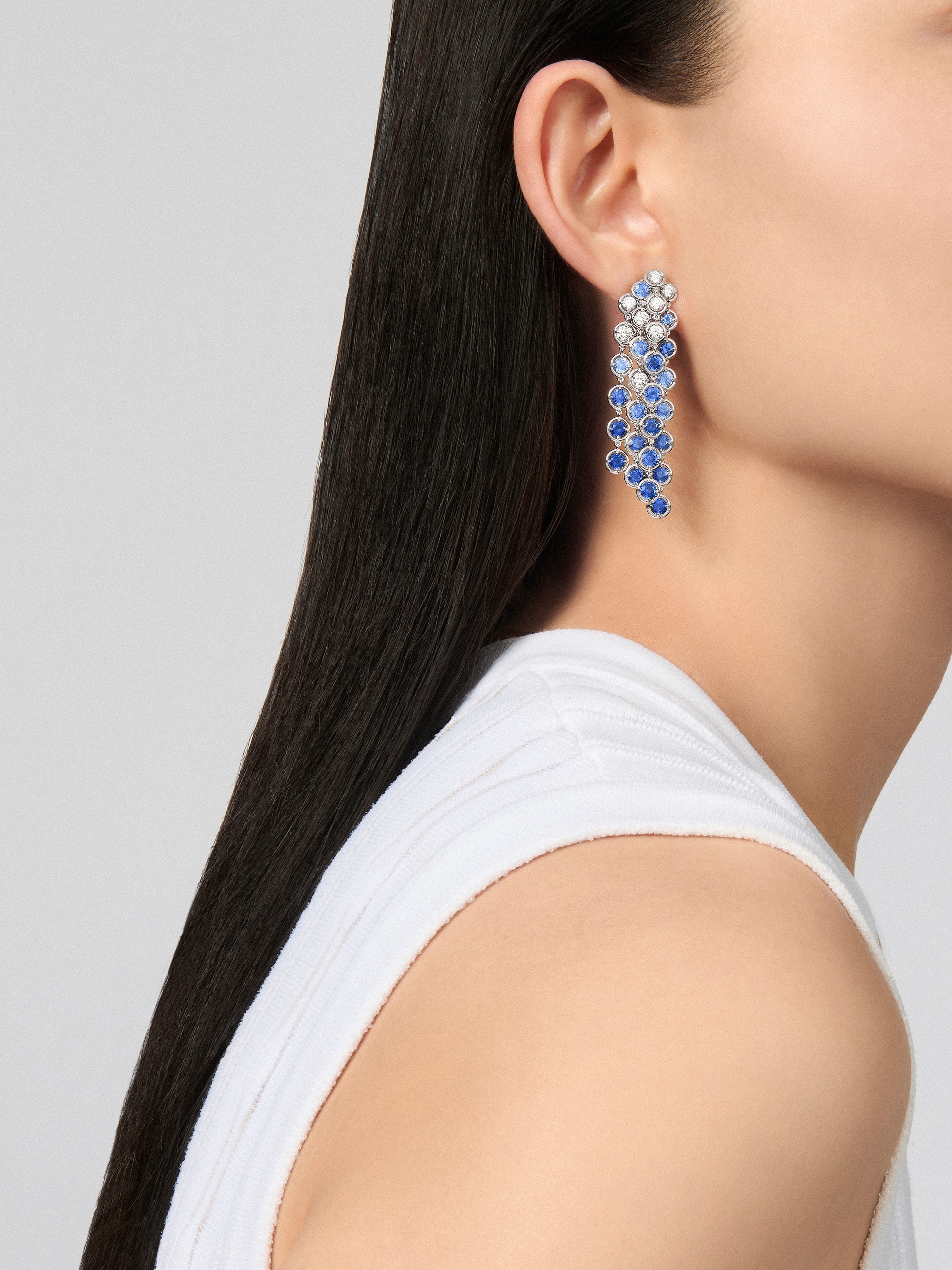 Palmyre 4 rows earrings, 18K white gold, Diamond:  16 stones,  2.41 carats, Sapphire:  42 stones,  11.13 carats, Worn Alternative, High Jewelry Earrings - Van Cleef & Arpels