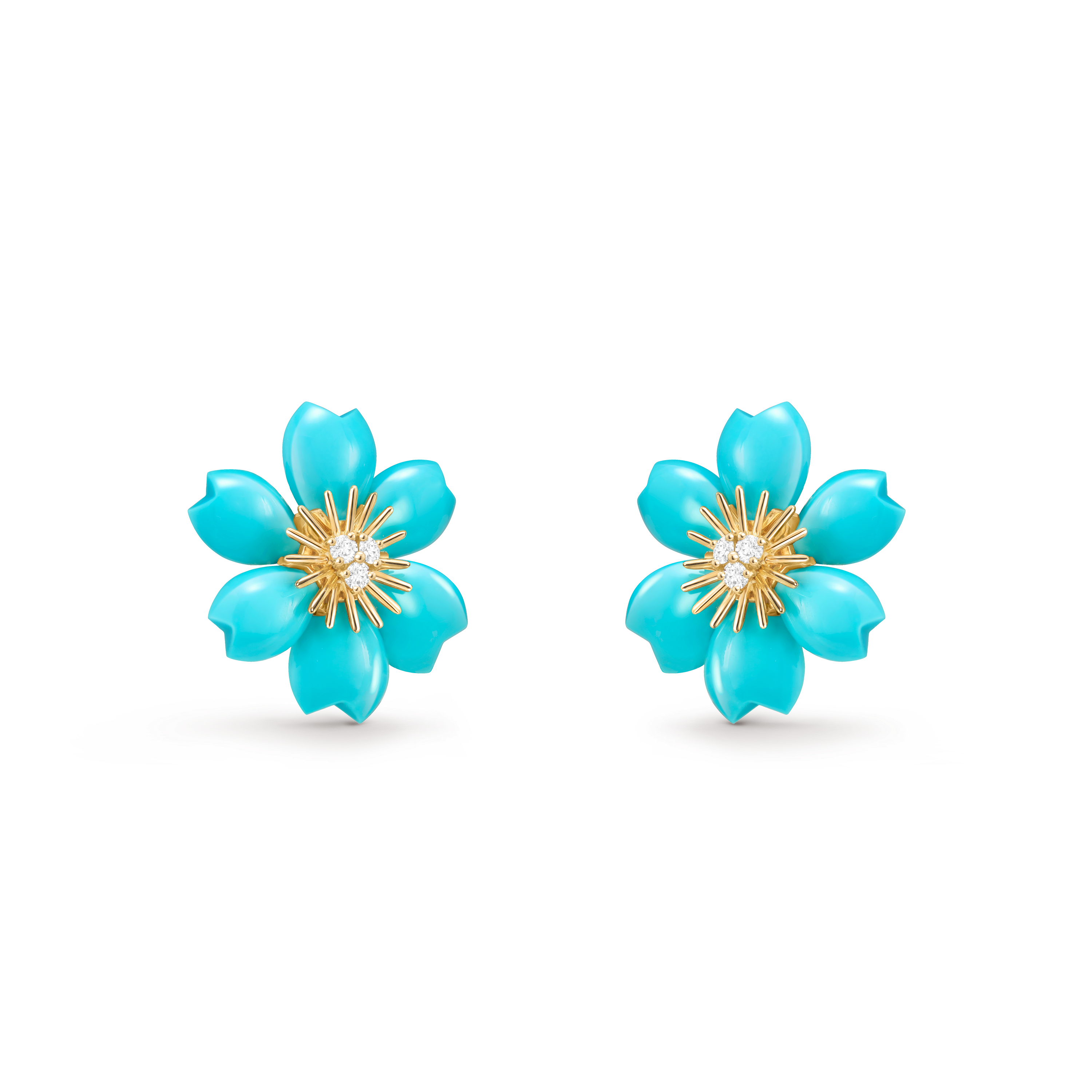Rose de Noël earrings, mini model, 18K yellow gold, Diamond:  6 stones,  0.21 carat, Turquoise:  12 stones, Three Fourth, Jewelry Earrings - Van Cleef & Arpels