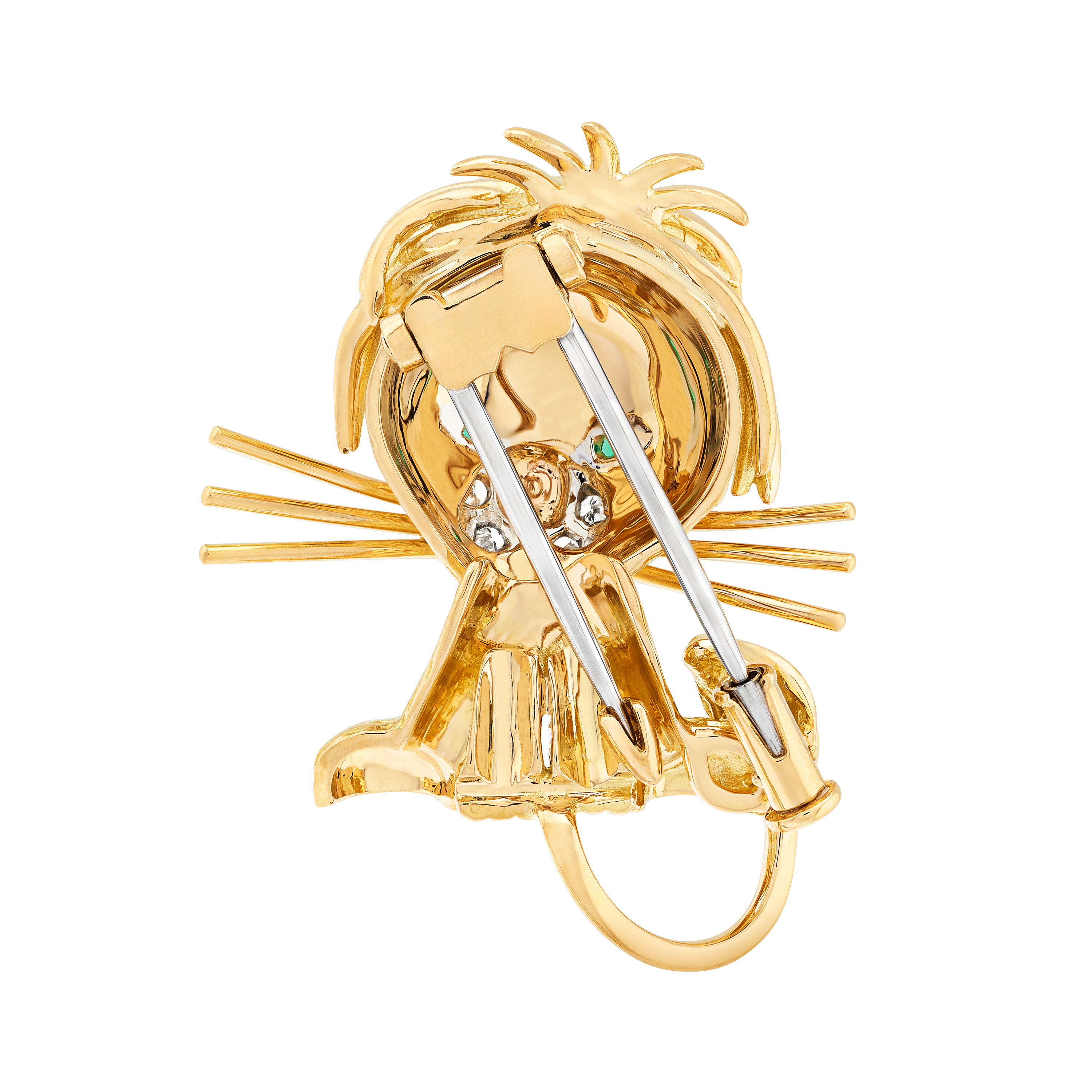 Clip Lion Ebouriffé, petit modèle, Or jaune 750/1000, Diamant:  6 pierres,  0.09 carat, Émeraude:  2 pierres,  0.01 carat, Back, Jewelry Clip - Van Cleef & Arpels