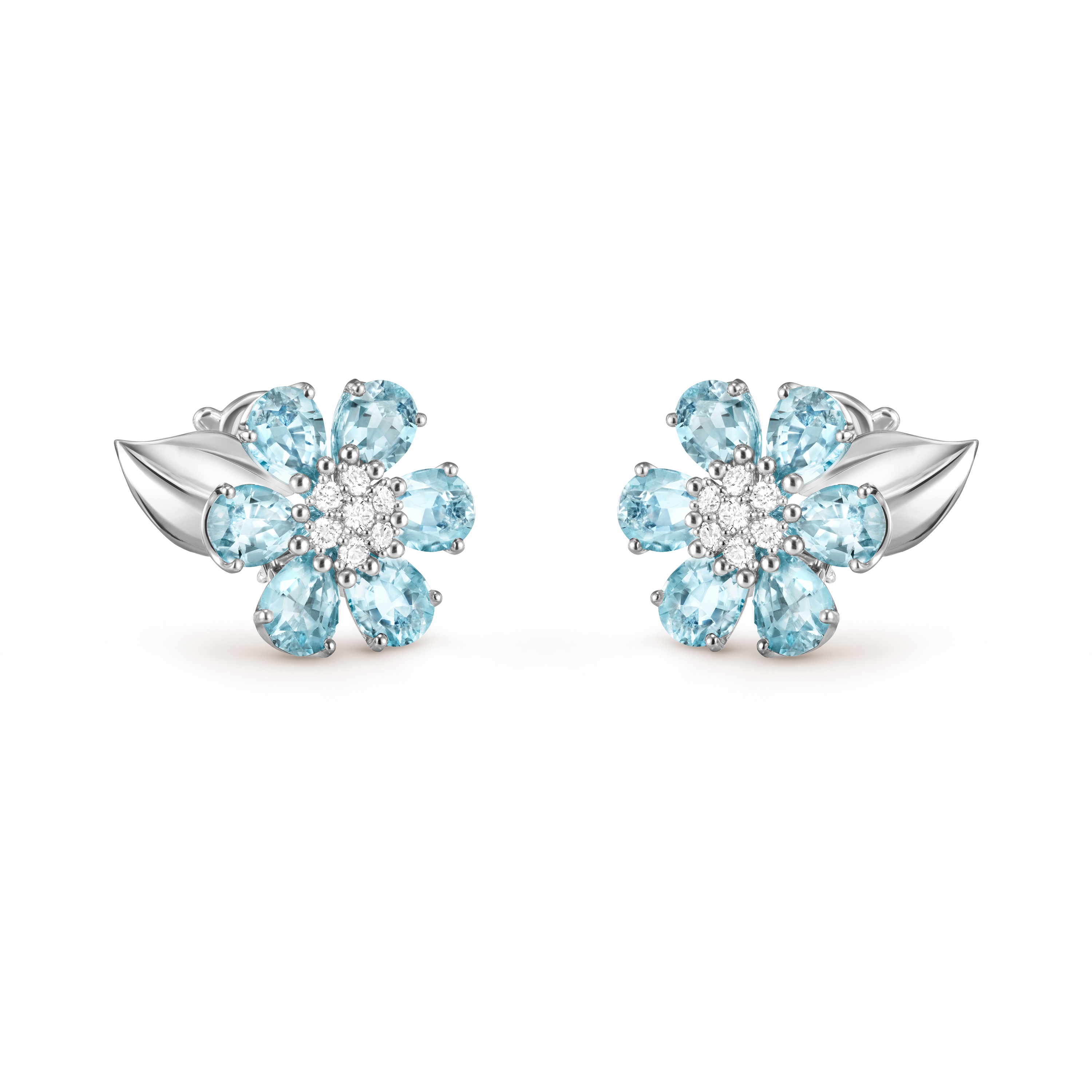 Fleurs d’Hawaï earrings, 18K white gold, Aquamarine:  12 stones,  6.6 carats, Diamond:  14 stones,  0.39 carat, Three Fourth, Jewelry Earrings - Van Cleef & Arpels
