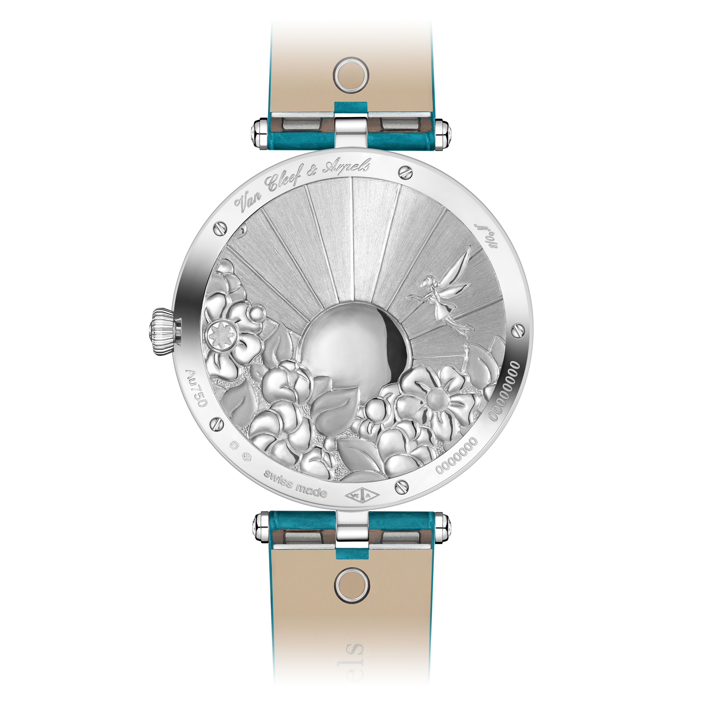 Lady Arpels Jour Enchanté watch, 18K white gold, 18K yellow gold, Diamond:  308 stones,  5.69 carats, Sapphire:  94 stones,  1 carat, Spessartite:  56 stones,  0.32 carat, Turquoise:  13 stones, Three Fourth, Watch - Van Cleef & Arpels