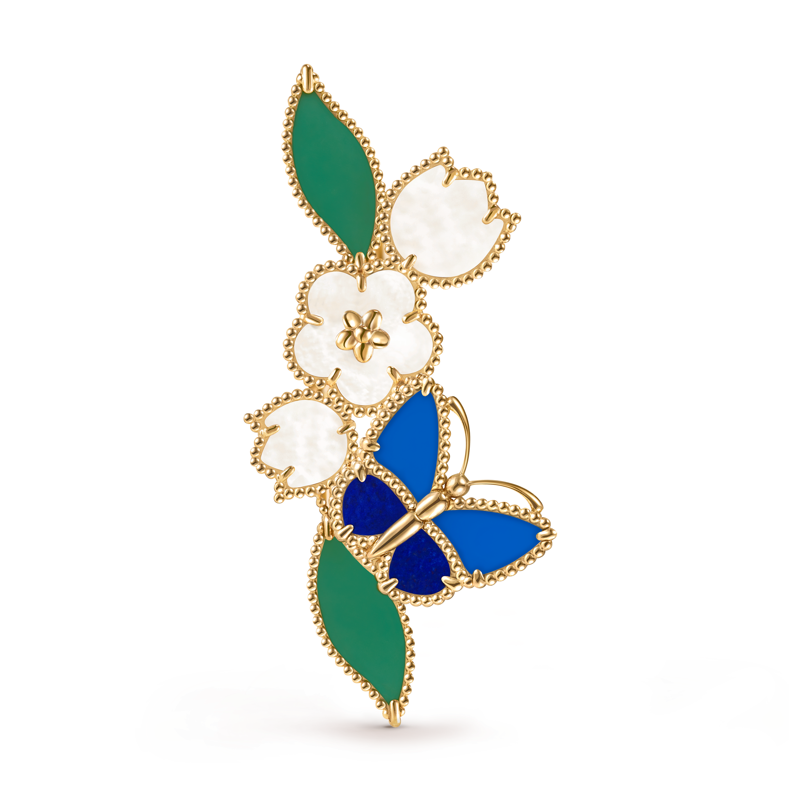 ラッキー スプリング パピヨン クリップ, 18K イエローゴールド, アゲート:  4 石, マザー オブ パール:  3 石, ラピスラズリ:  2 石, Front, Jewelry Clip - ヴァン クリーフ&アーペル - Van Cleef & Arpels