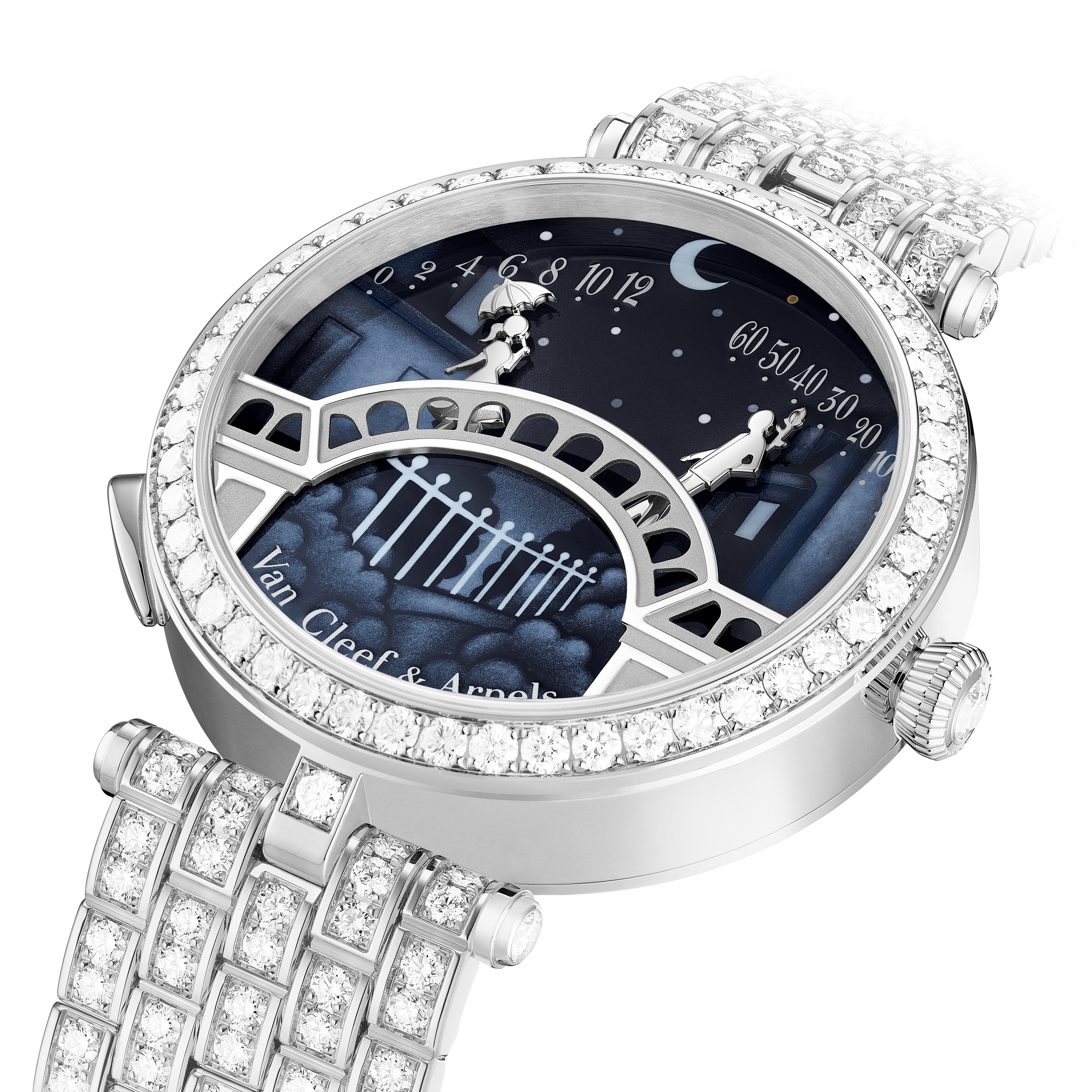 Lady Arpels Pont des Amoureux watch, 18K white gold, Diamond:  388 stones,  12.41 carats, Three Fourth, Watch - Van Cleef & Arpels