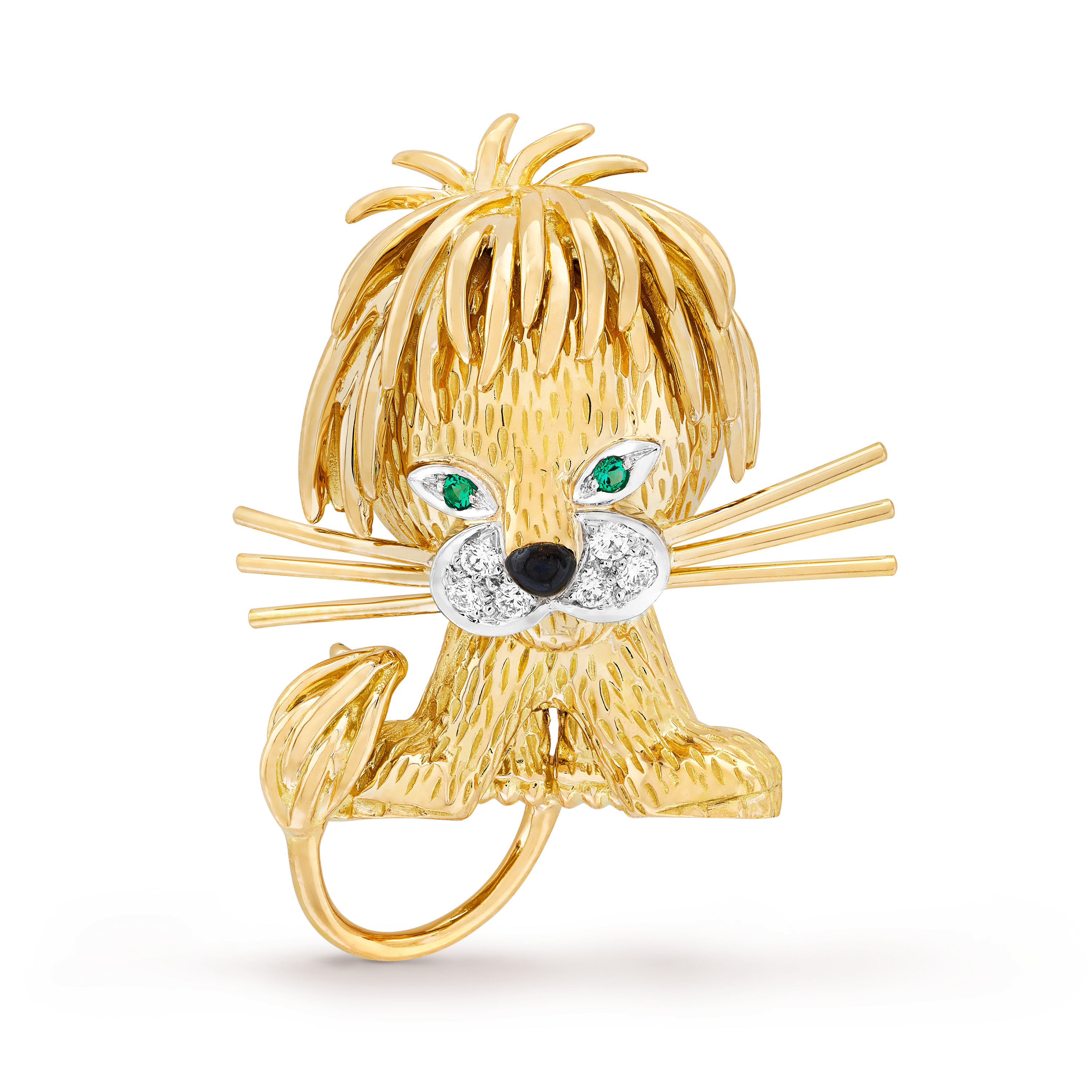 Clip Lion Ebouriffé, petit modèle, Or jaune 750/1000, Diamant:  6 pierres,  0.09 carat, Émeraude:  2 pierres,  0.01 carat, Front, Jewelry Clip - Van Cleef & Arpels