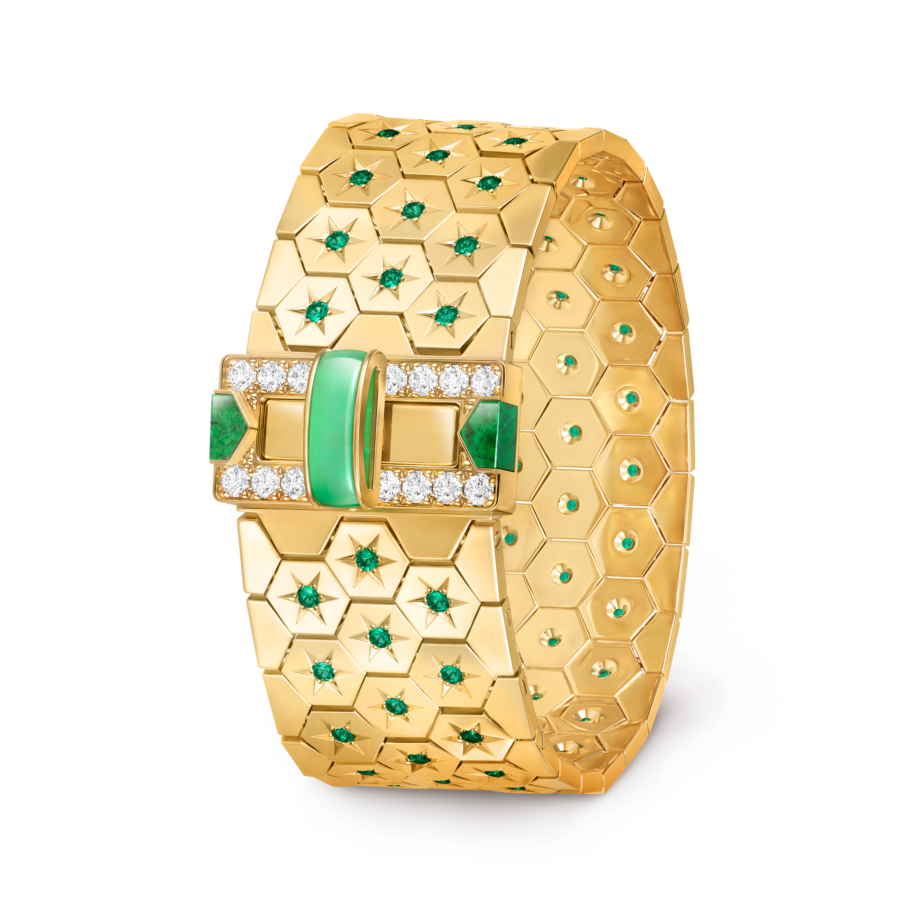 Ludo bracelet, 18K yellow gold, Chrysoprase:  1 stone, Diamond:  18 stones,  1.02 carats, Emerald:  69 stones,  1.65 carats, Sannan Skarn:  2 stones, Three Fourth, High Jewelry Bracelet - Van Cleef & Arpels