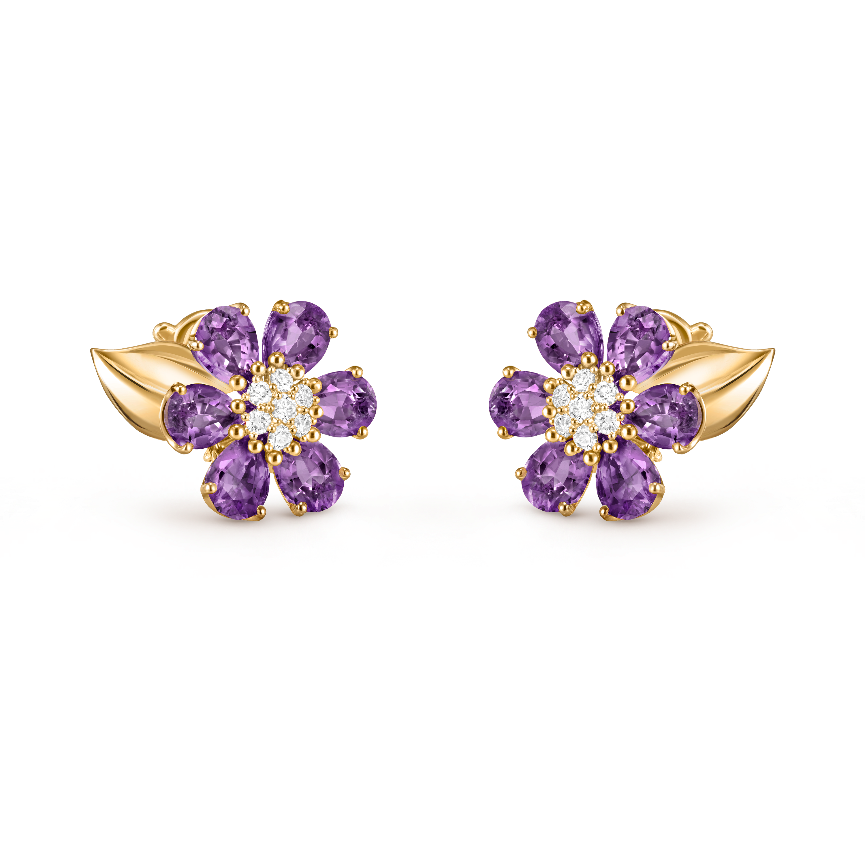 Fleurs d’Hawaï earrings, 18K yellow gold, Amethyst:  12 stones,  7.2 carats, Diamond:  14 stones,  0.39 carat, Three Fourth, Jewelry Earrings - Van Cleef & Arpels
