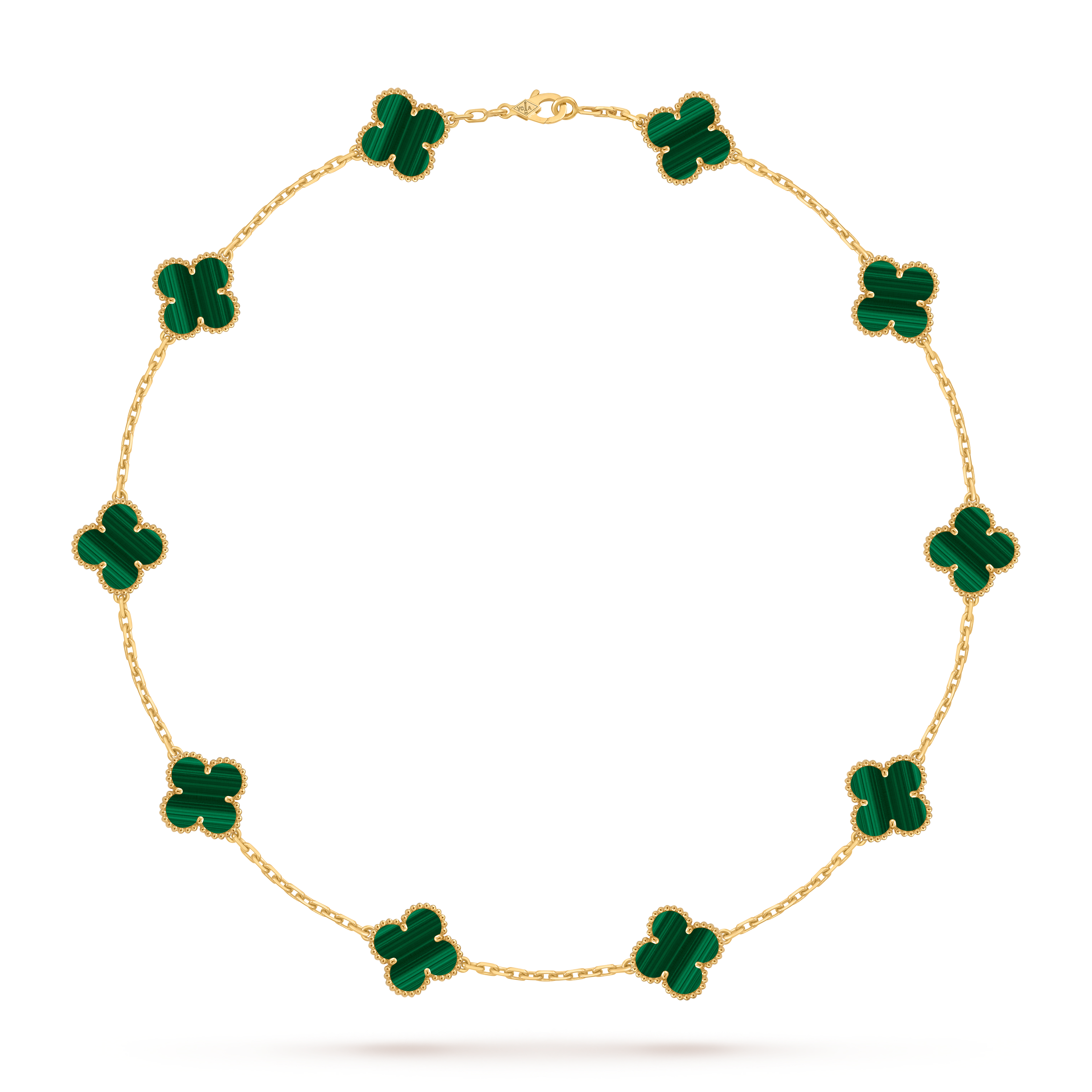 Vintage Alhambra necklace, 10 motifs, 18K yellow gold, Malachite:  10 stones, Front, Jewelry Necklace - Van Cleef & Arpels