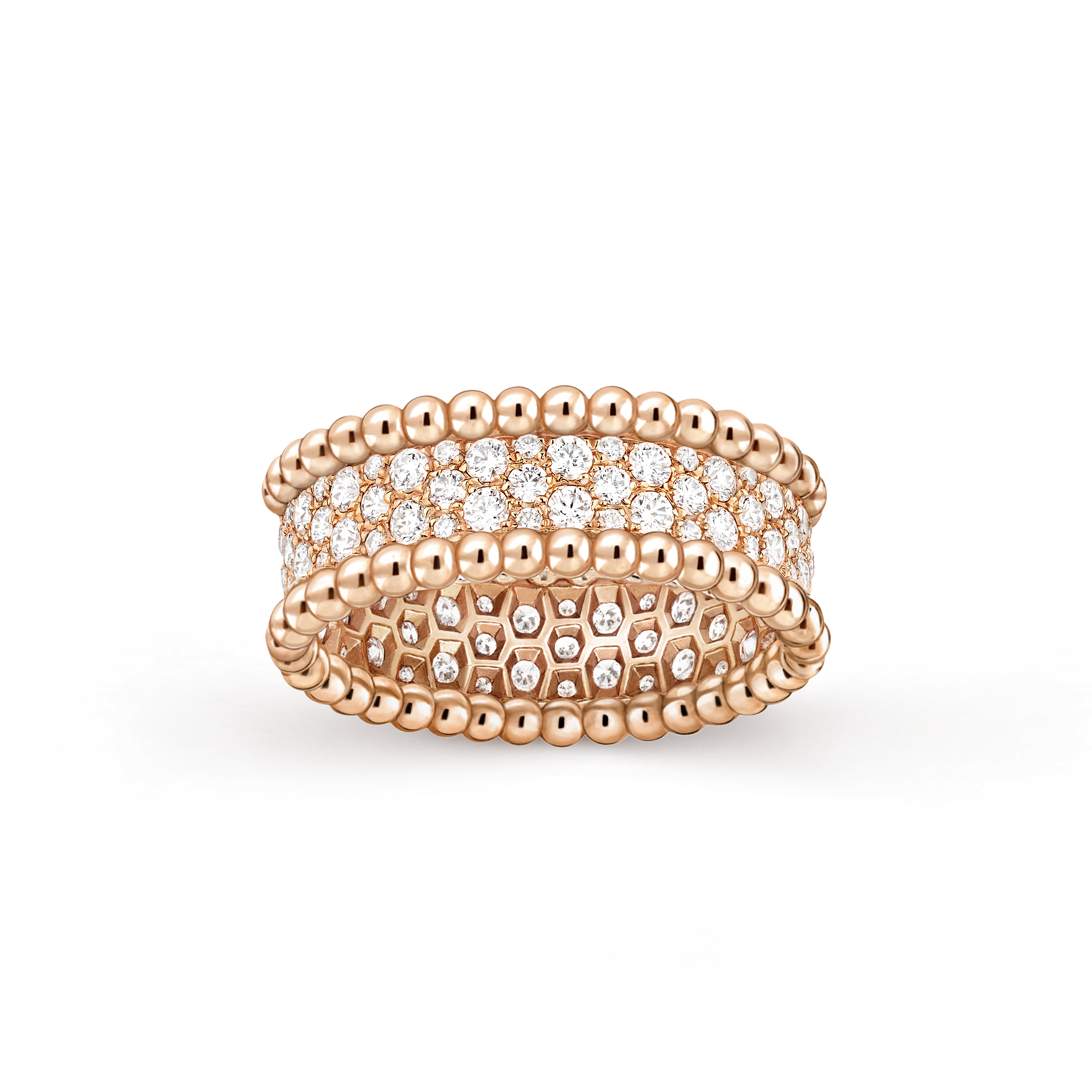Anel de diamantes Perlée, 3 fileiras, Ouro rosa de 18 quilates, Diamante:  95 pedras,  1.11 quilate, Front, Jewelry Ring - Van Cleef & Arpels