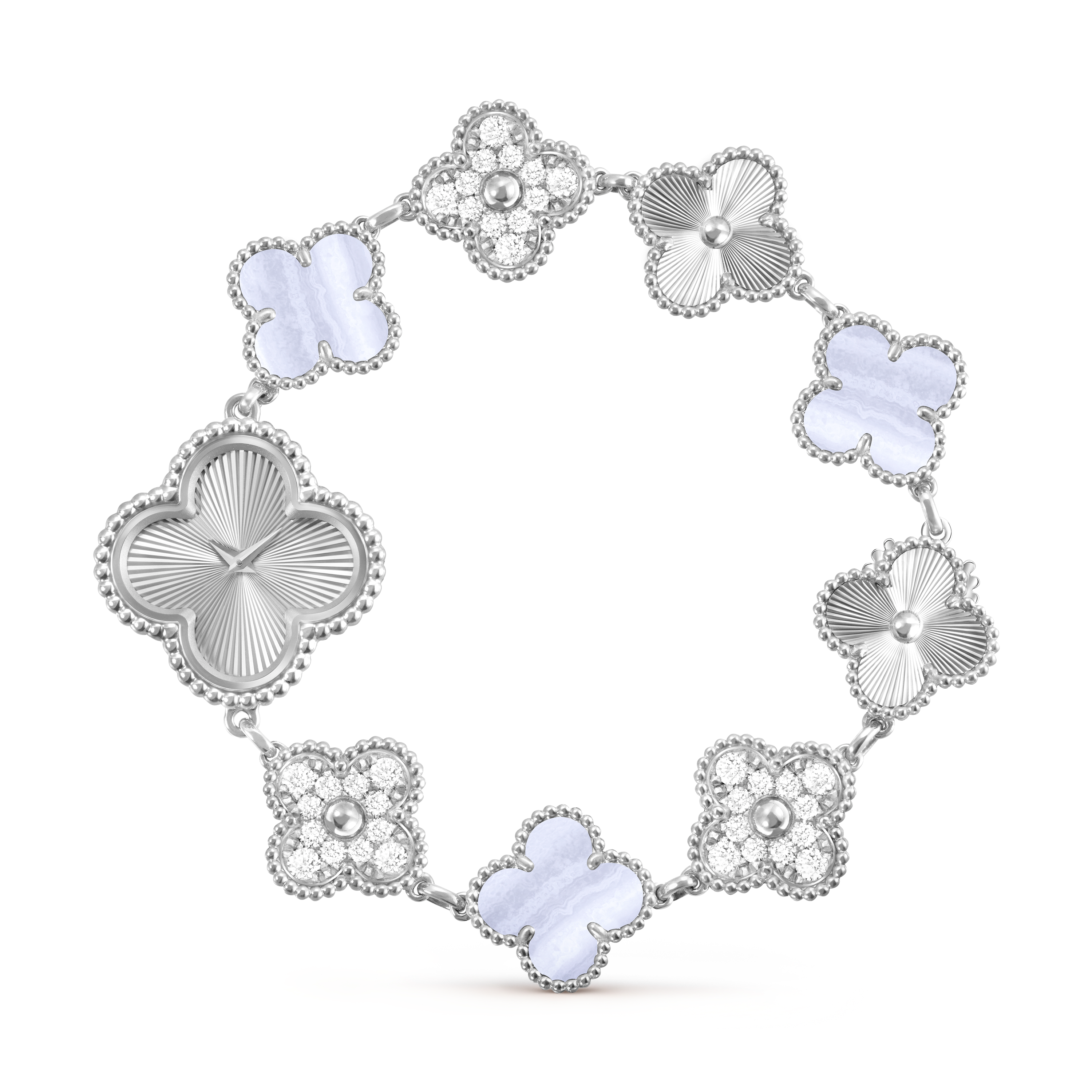 Sweet Alhambra Watch, 18K white gold, Chalcedony:  3 stones, Diamond:  36 stones,  1.42 carats, Front Alternative, Watch - Van Cleef & Arpels