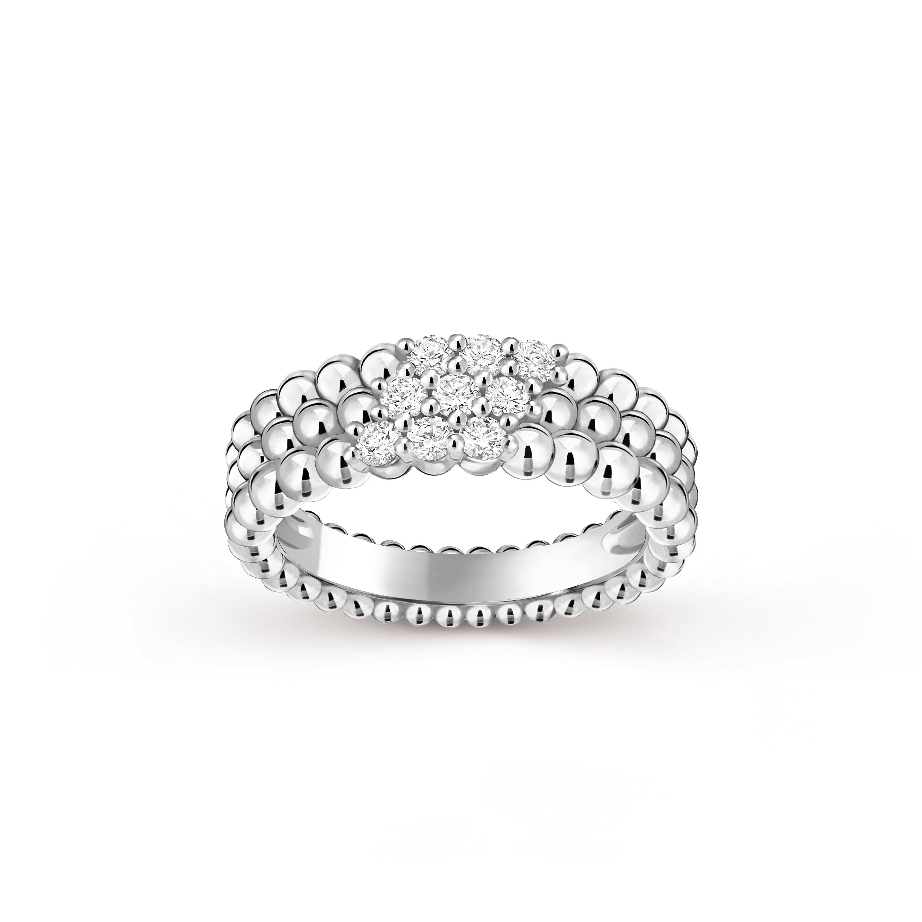 Perlée diamonds ring, 3 rows, 18K white gold, Diamond:  9 stones,  0.31 carat, Front, Jewelry Ring - Van Cleef & Arpels