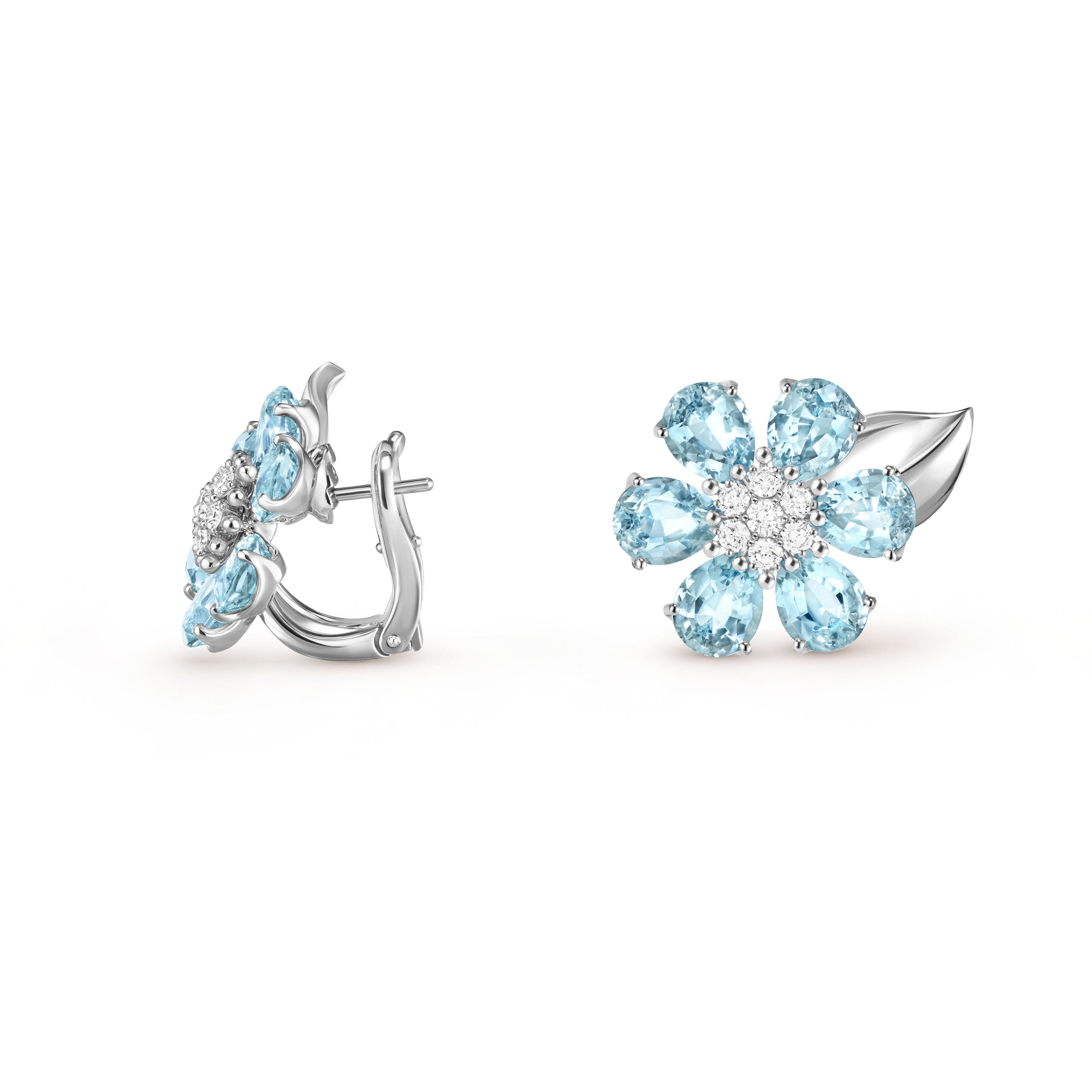 Fleurs d’Hawaï earrings, 18K white gold, Aquamarine:  12 stones,  6.6 carats, Diamond:  14 stones,  0.39 carat, Profile, Jewelry Earrings - Van Cleef & Arpels