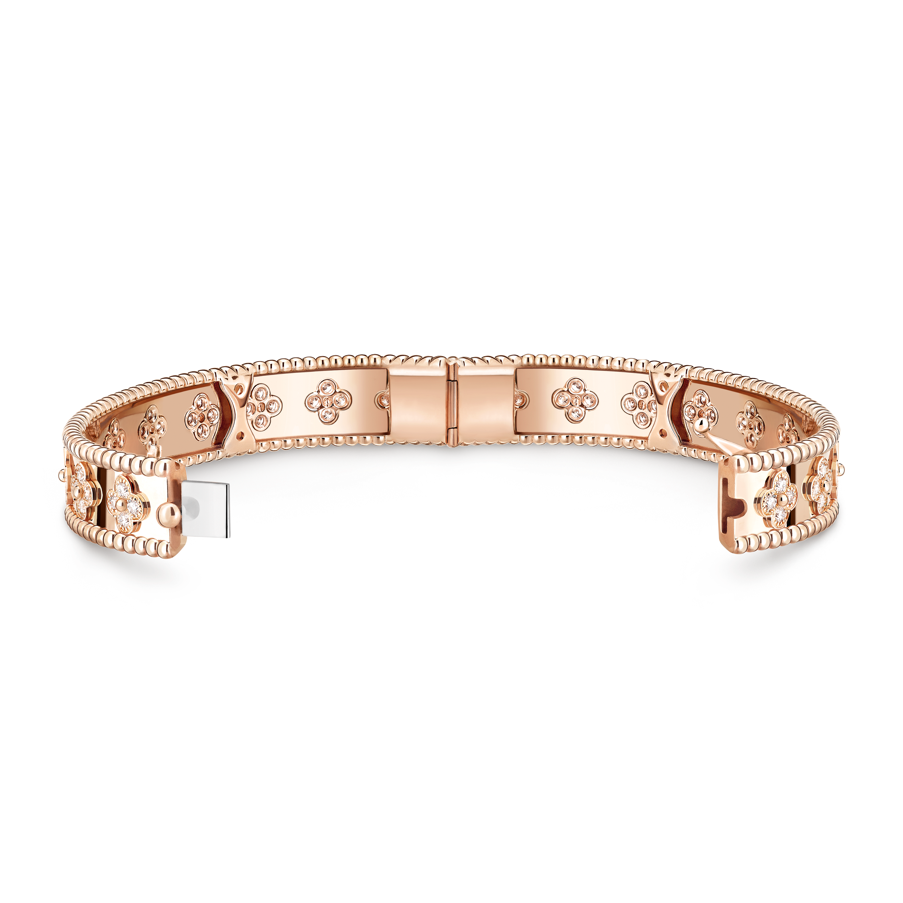 Perlée clovers bracelet, extra small model, 18K rose gold, Diamond:  72 stones,  1.6 carats, Open, Jewelry Bracelet - Van Cleef & Arpels