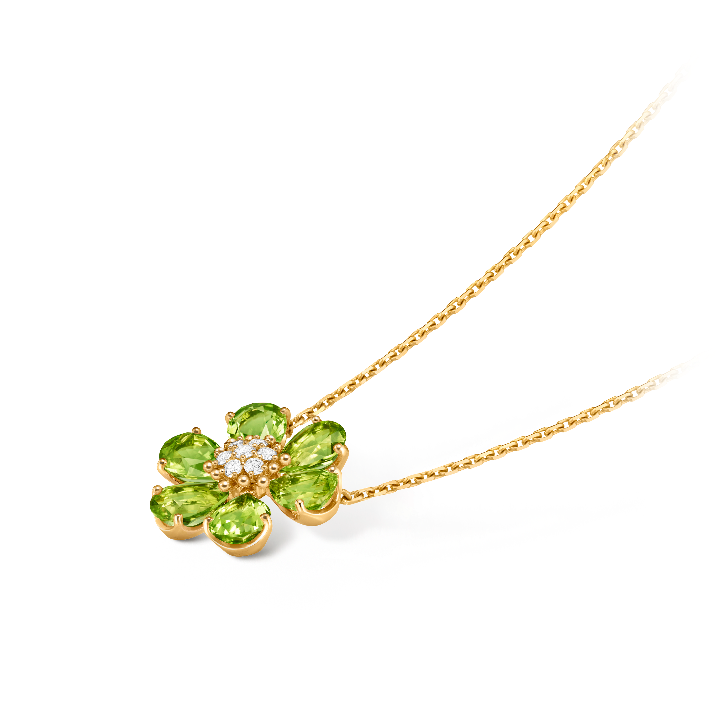 Fleurs d’Hawaï pendant, 18K yellow gold, Diamond:  7 stones,  0.19 carat, Peridot:  6 stones,  7.5 carats, Three Fourth, Jewelry Pendent - Van Cleef & Arpels