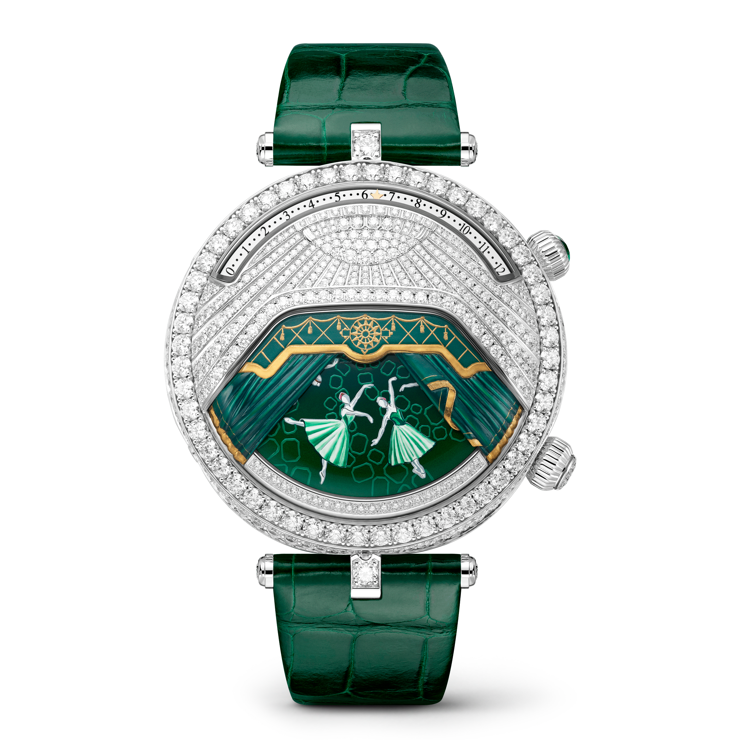 Montre Lady Arpels Ballerine Musicale Emeraude, Or blanc 750/1000, Diamant:  733 pierres,  7.52 carats, Émeraude:  1 pierre,  0.16 carat, Front, Watch - Van Cleef & Arpels