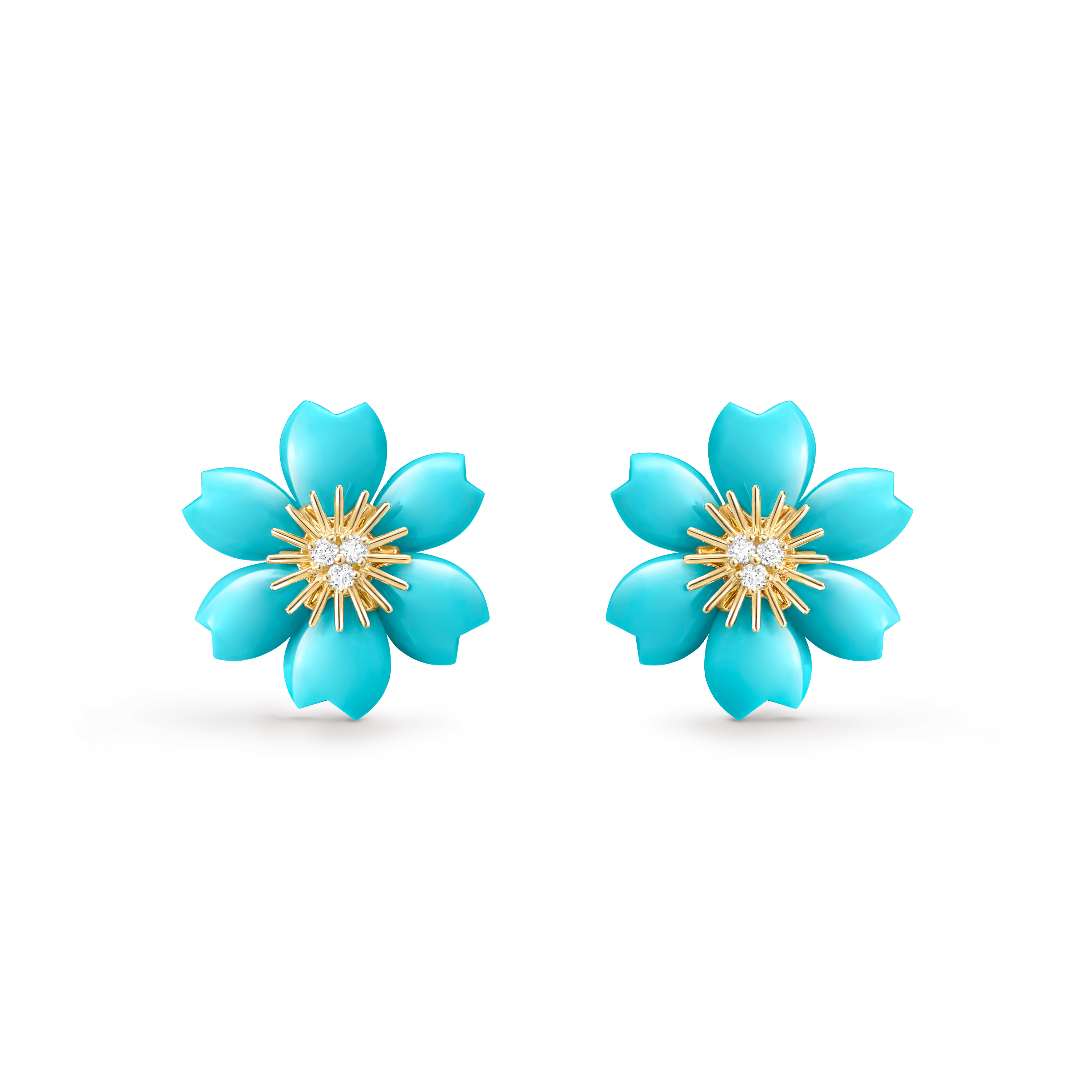 Rose de Noël earrings, mini model, 18K yellow gold, Diamond:  6 stones,  0.21 carat, Turquoise:  12 stones, Front, Jewelry Earrings - Van Cleef & Arpels