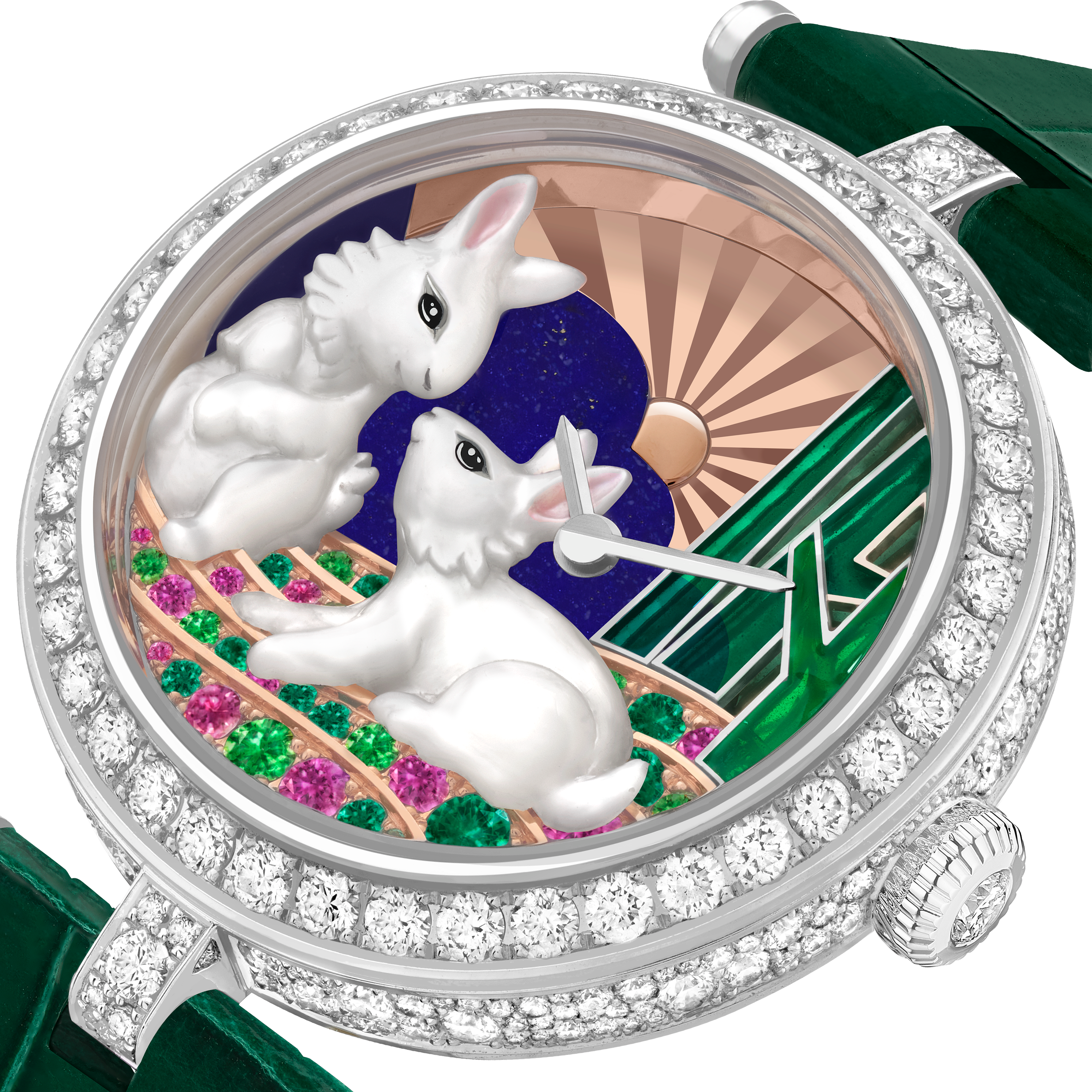 Lady Duo de Lapins watch 18K white gold, Diamond, Emerald