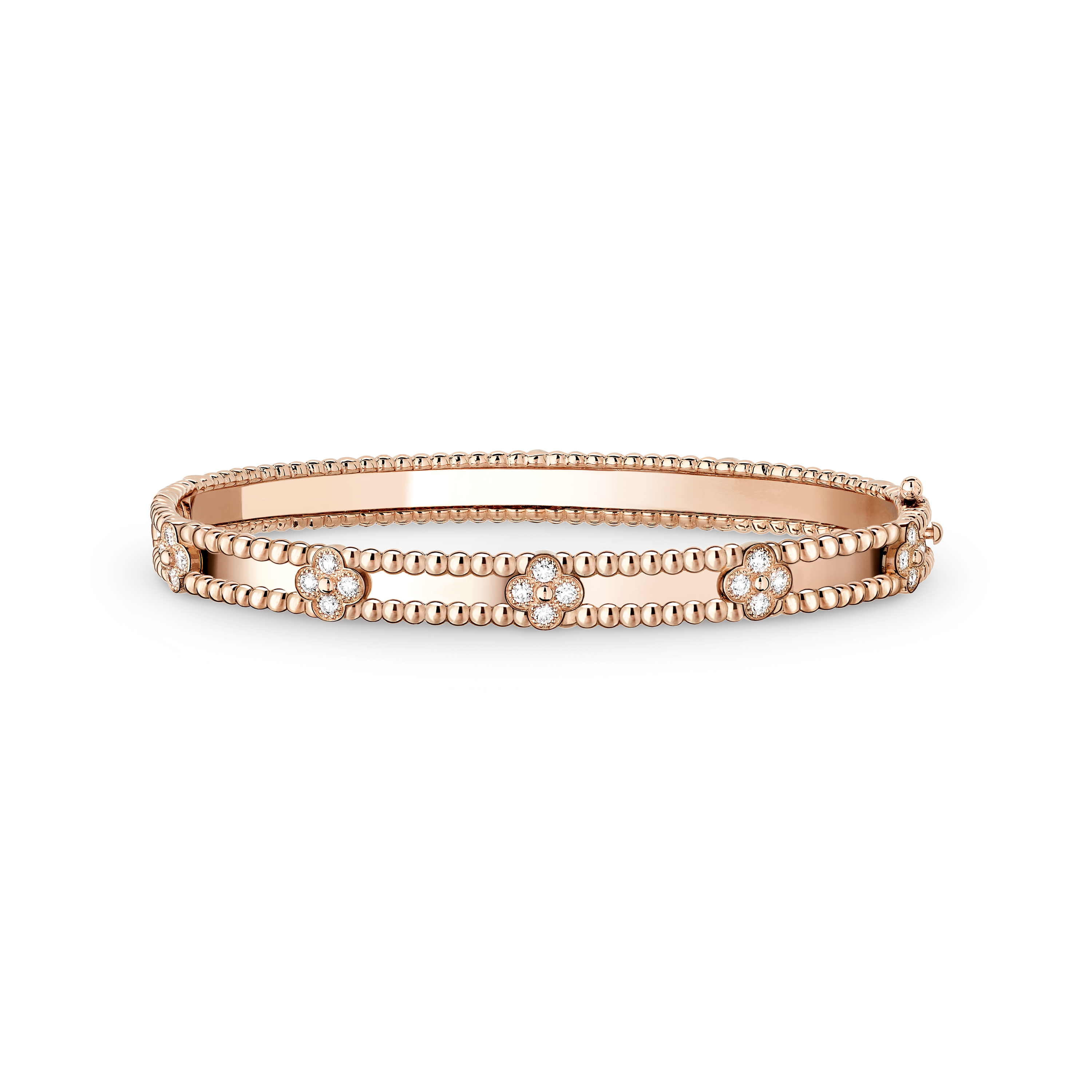 Perlée sweet clovers bracelet, extra large model, 18K rose gold, Diamond:  40 stones,  0.63 carat, Front, Jewelry Bracelet - Van Cleef & Arpels