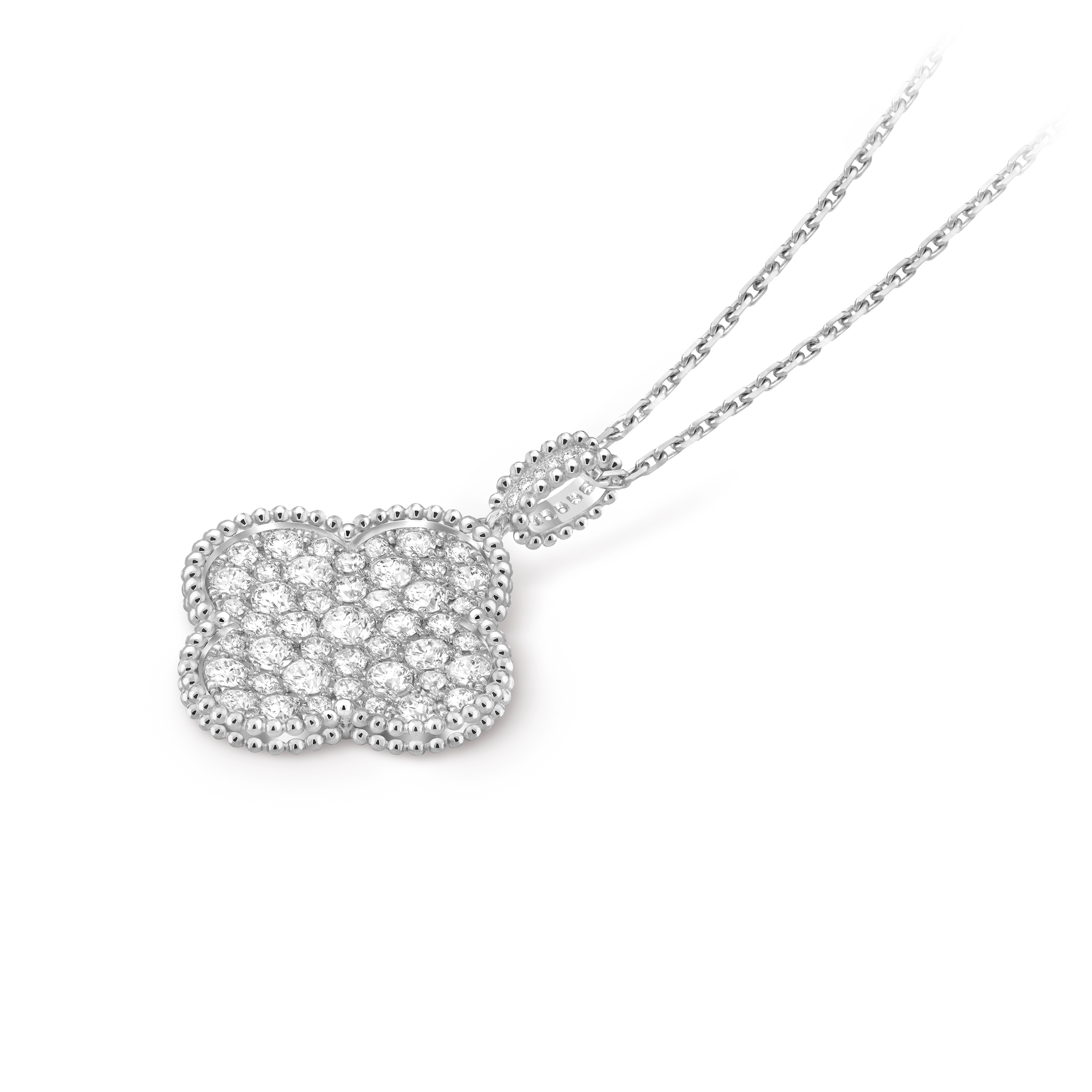 Magic Alhambra long necklace, 1 motif, 18K white gold, Diamond:  60 stones,  2.55 carats, Front, Jewelry Long Necklace - Van Cleef & Arpels