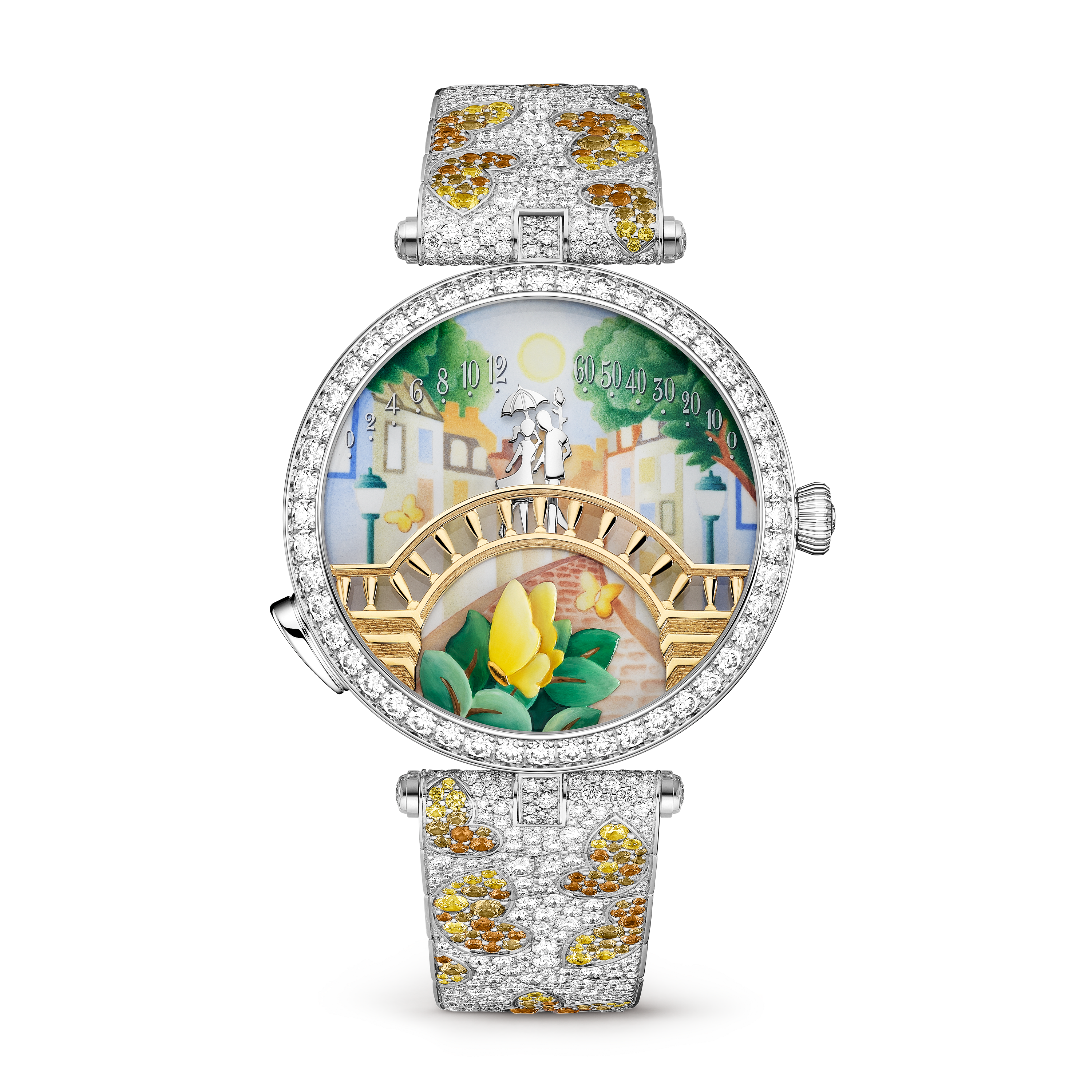 Montre Lady Arpels Pont des Amoureux Été, Or blanc 750/1000, Or jaune 750/1000, Diamant:  1,359 pierres,  19.82 carats, Saphir:  132 pierres,  2.3 carats, Spessartite:  60 pierres,  1.33 carats, Front, Watch