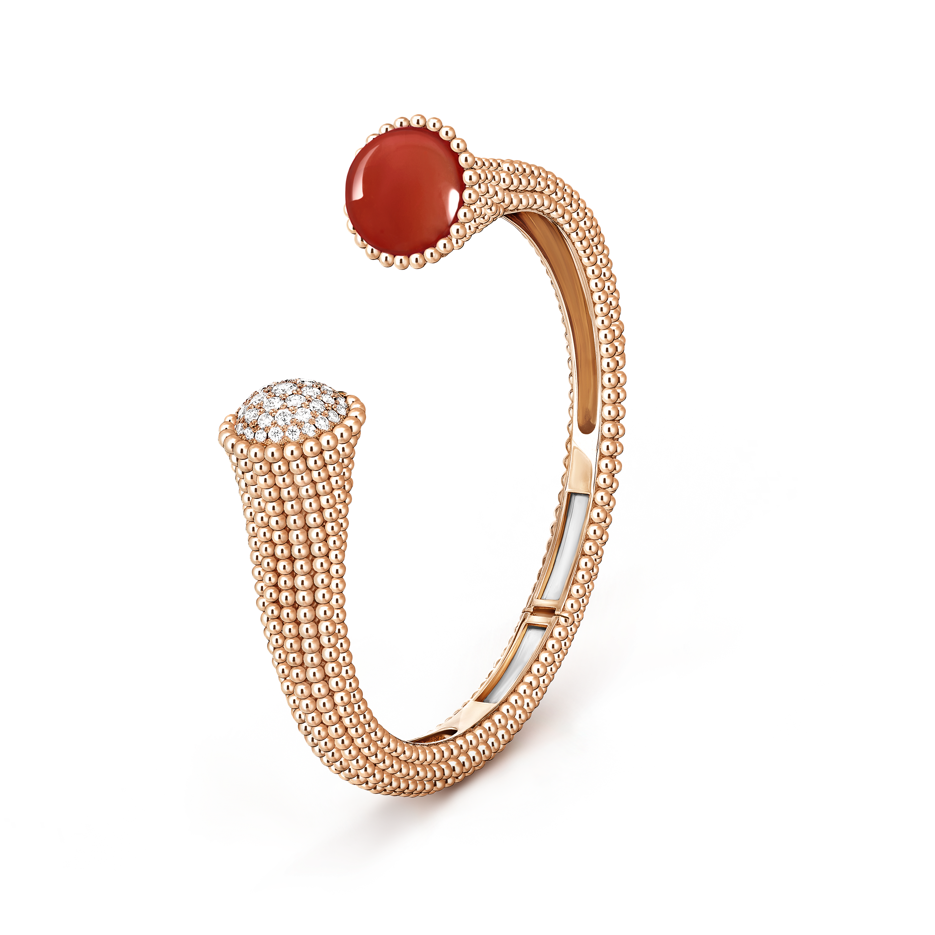 Perlée couleurs bracelet, small model, 18K rose gold, Carnelian:  1 stone, Diamond:  43 stones,  0.73 carat, Three Fourth, Jewelry Bracelet - Van Cleef & Arpels