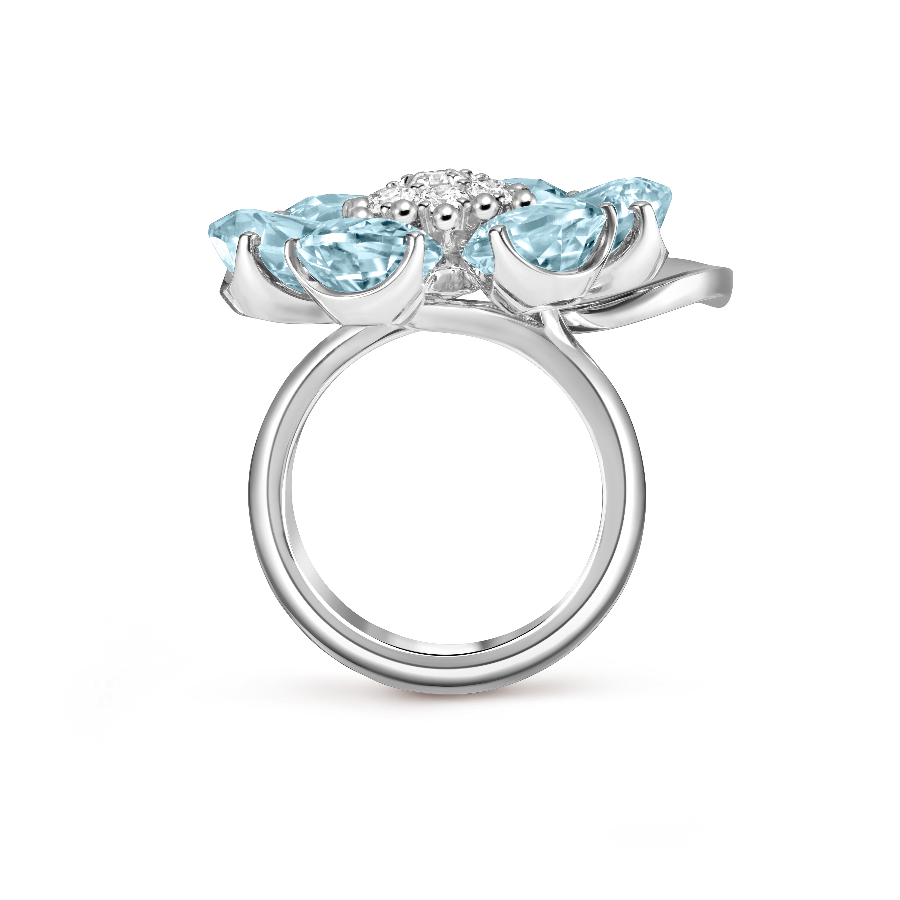 Anello Fleurs d’Hawaï, Oro bianco 750/1000, Acquamarina:  6 pietre,  8.64 carati, Diamante:  7 pietre,  0.54 carati, Front, Jewelry Ring - Van Cleef & Arpels