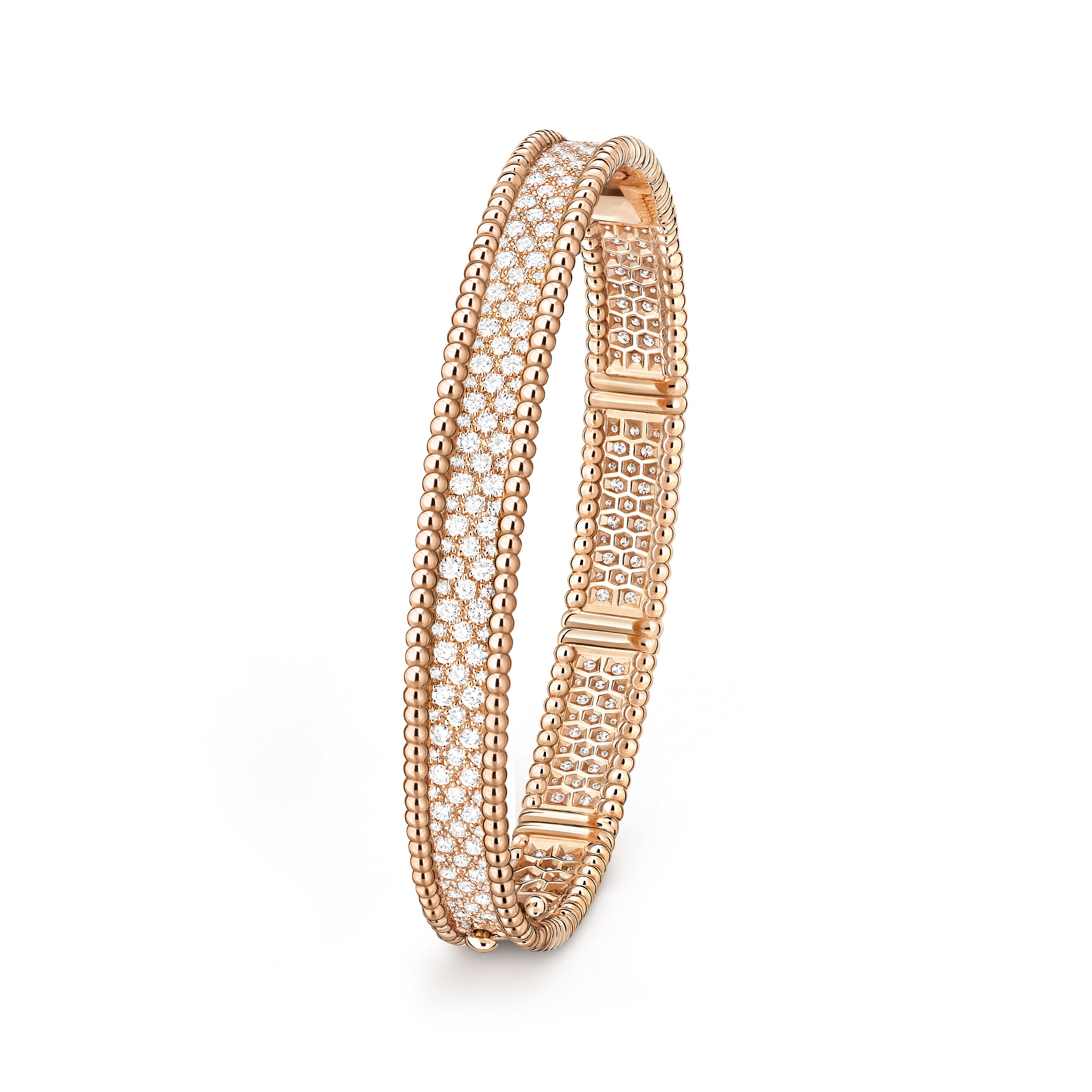 Perlée diamonds bracelet, 3 rows, large model, 18K rose gold, Diamond:  294 stones,  3.56 carats, Three Fourth, Jewelry Bracelet - Van Cleef & Arpels
