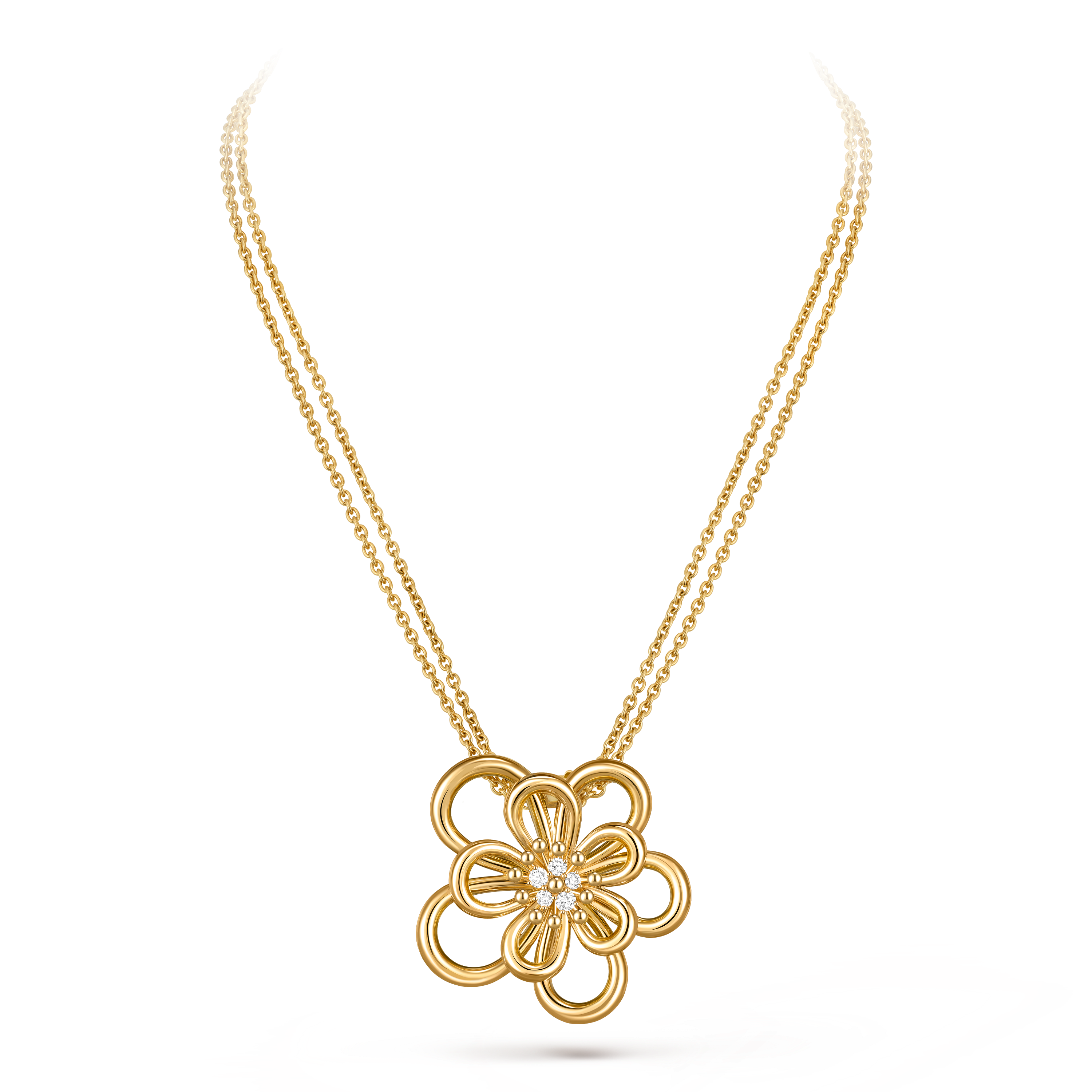 Flowerlace clip pendant, 18K yellow gold, Diamond:  5 stones,  0.54 carat, Front, Jewelry Clip Pendant - Van Cleef & Arpels