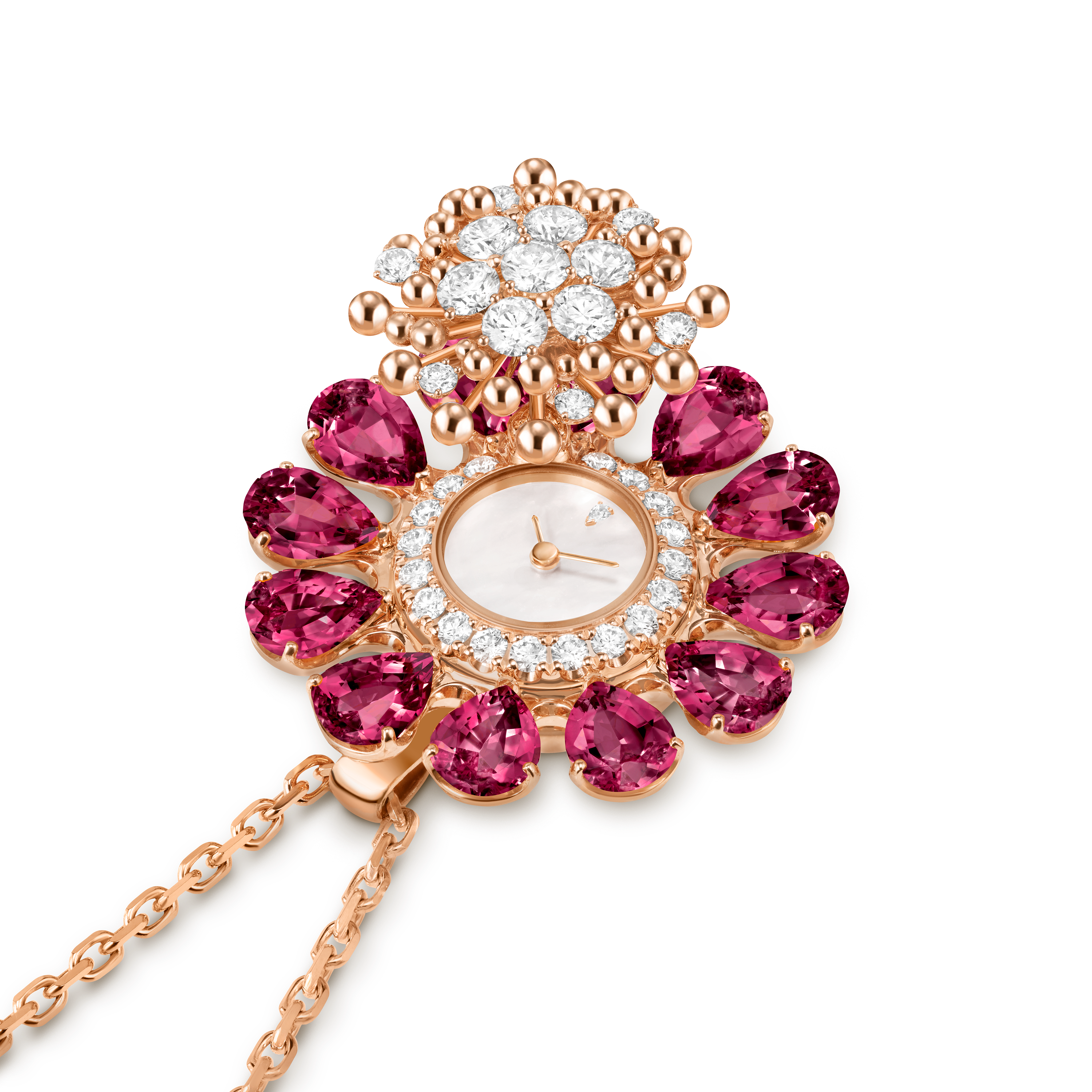 Fleurs d'Hawaï secret watch, 18K rose gold, Diamond:  59 stones,  2.63 carats, Mother-of-pearl:  1 stone, Rhodolite:  12 stones, Open, Watch - Van Cleef & Arpels
