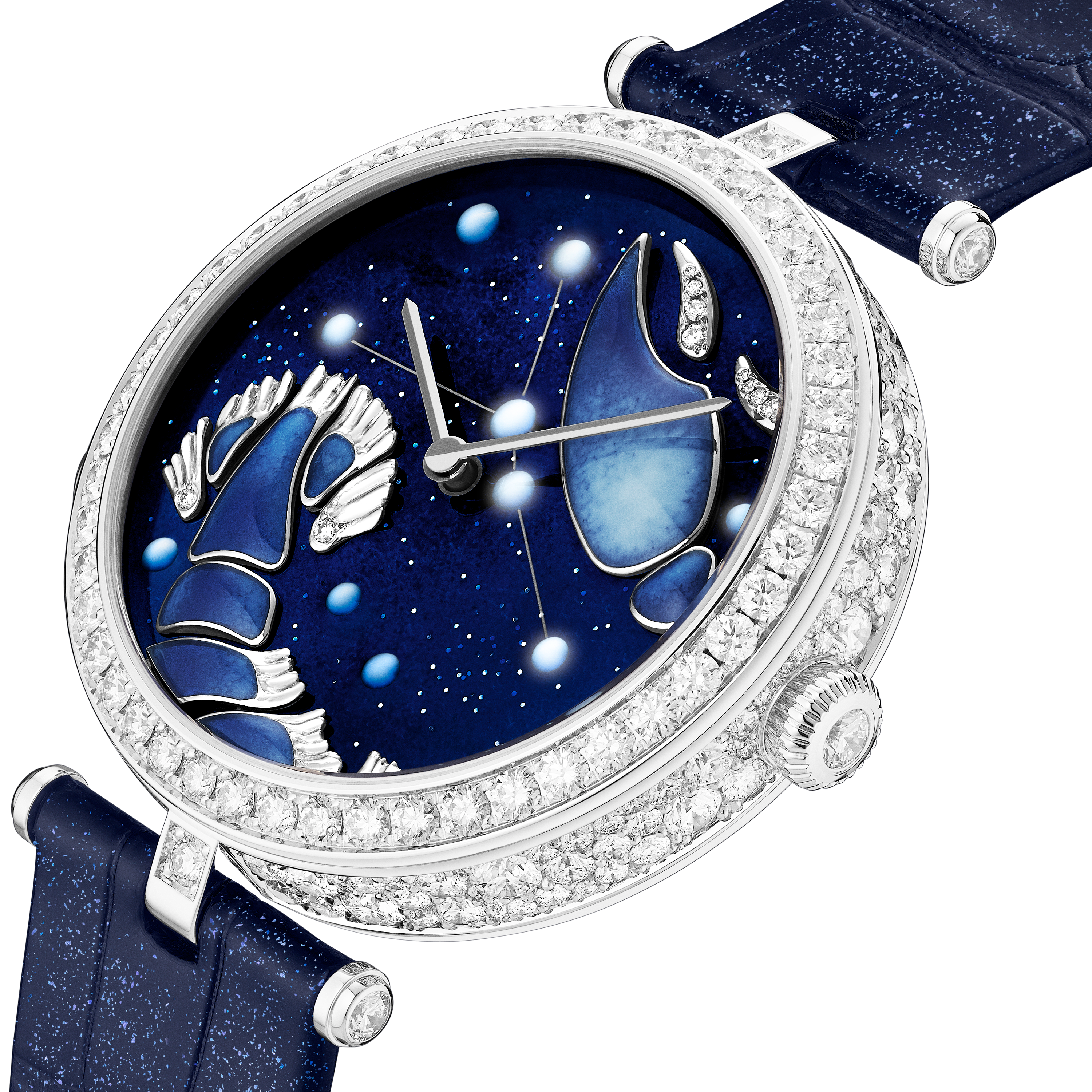 Lady Arpels Zodiaque Lumineux Cancri (Cancer) watch, 18K white gold, Diamond:  283 stones,  6.51 carats, Three Fourth, Watch - Van Cleef & Arpels